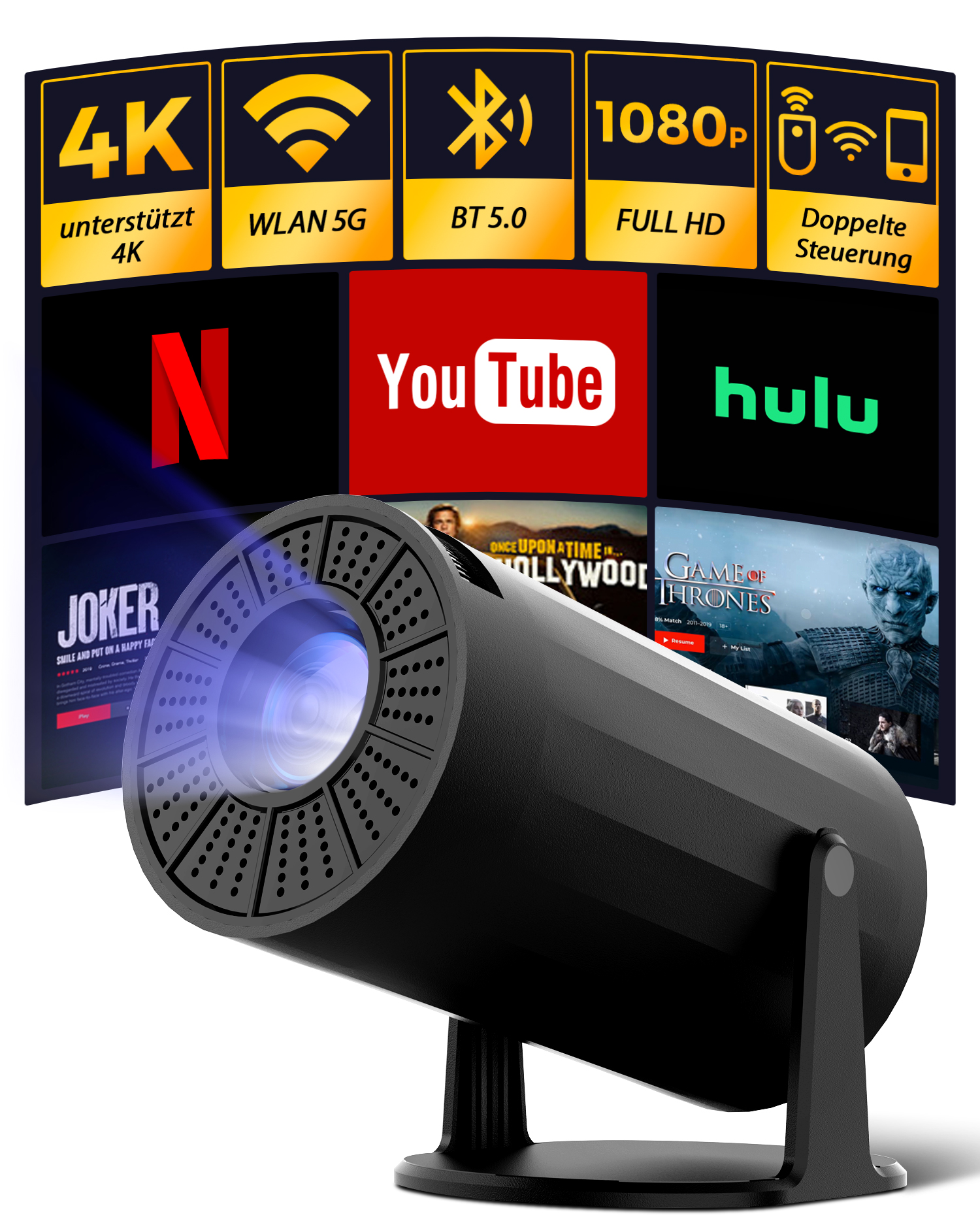 Ein schwarzer Projektor wirft Bilder von Streaming-Diensten wie Netflix und YouTube an.