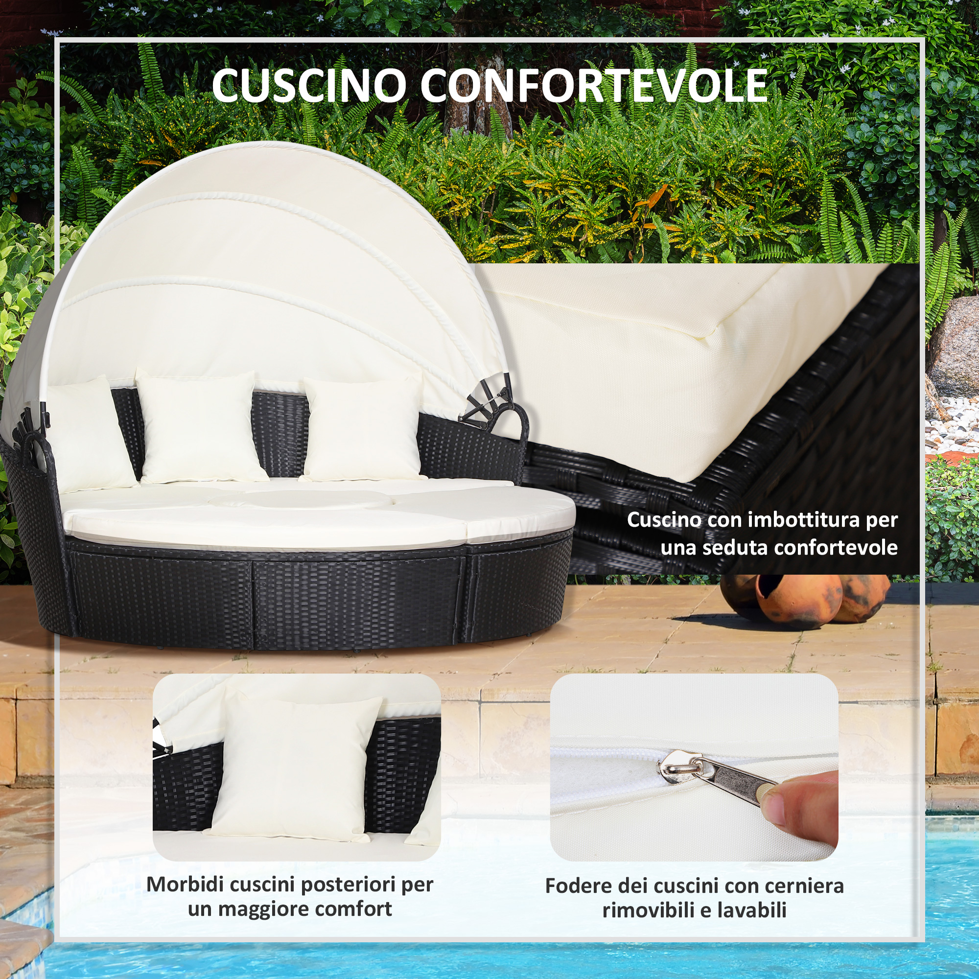 Chaise longue rotonda in rattan con cuscini bianchi e baldacchino, vicino a una piscina.