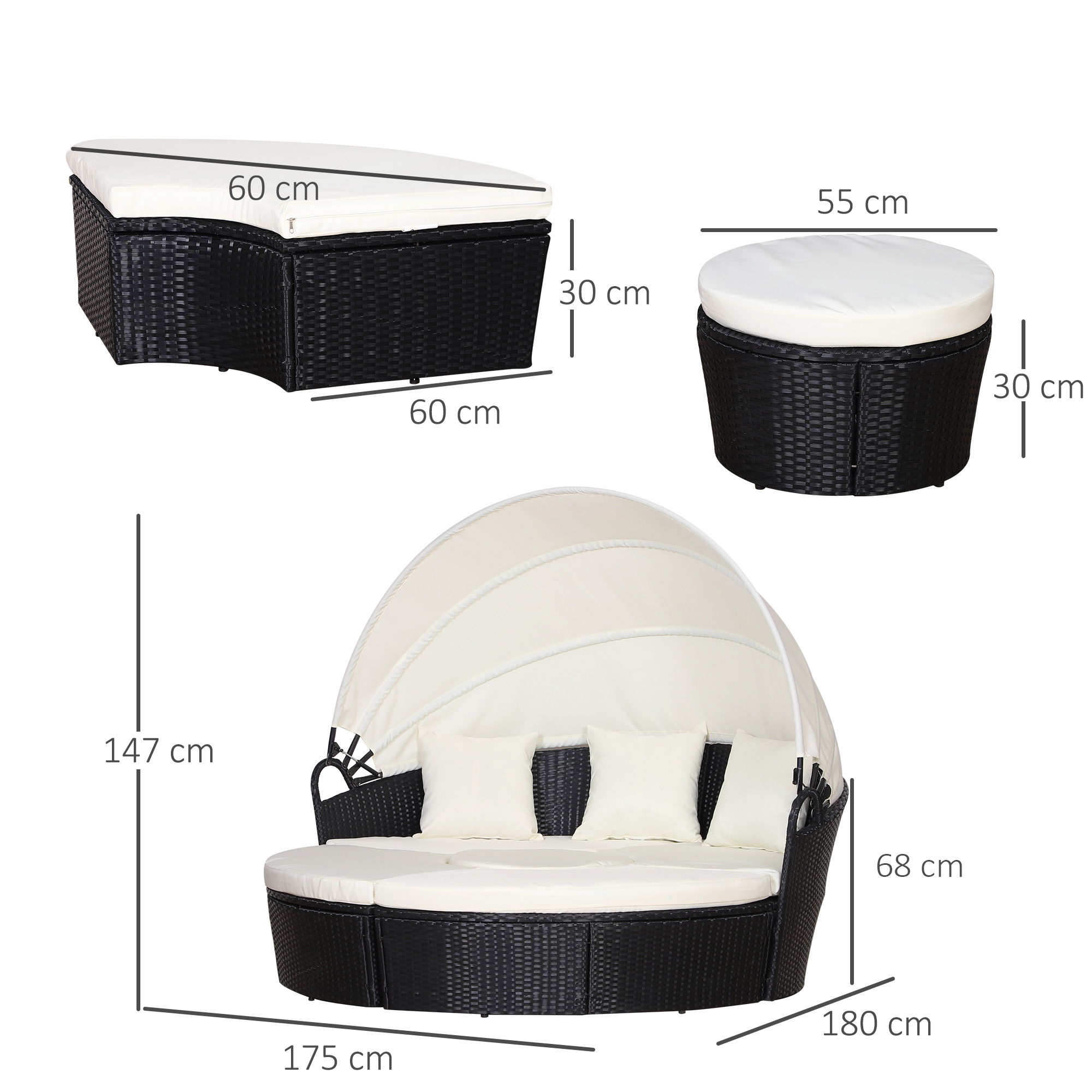 Set di mobili in rattan nero con cuscini bianchi. Include lettino, pouf e sgabello con dimensioni.
