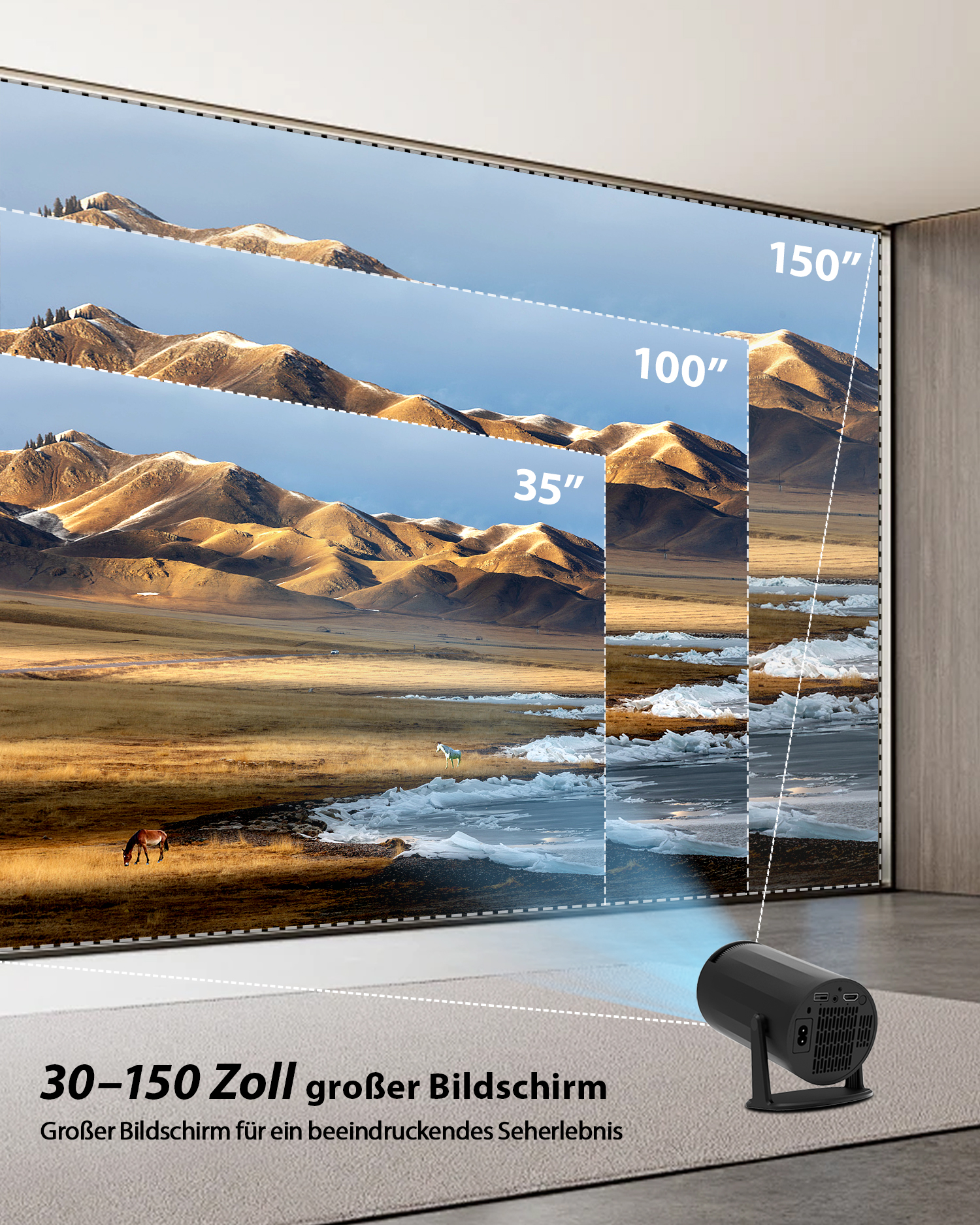 Ein kleiner Projektor wirft ein Bild von Bergen und Tieren auf eine Leinwand.