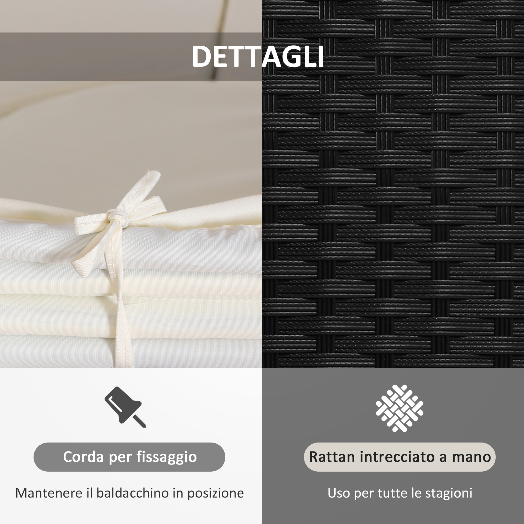 Dettagli: corda bianca per fissaggio, intreccio rattan nero.