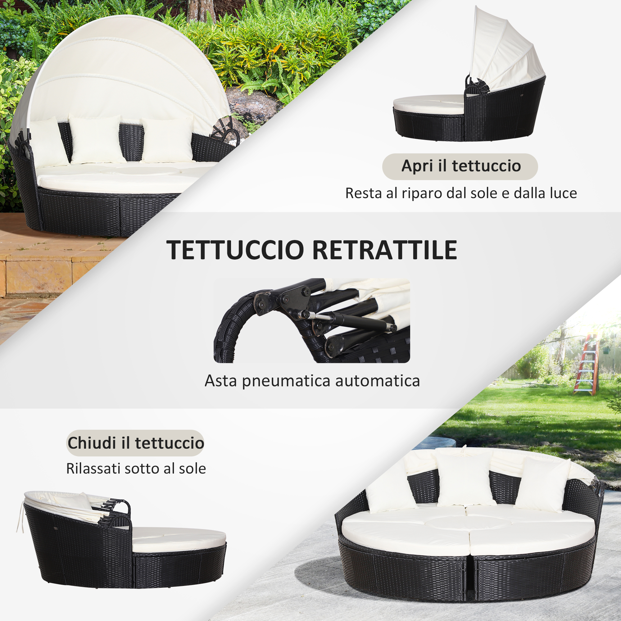 Daybed rotondo in rattan nero con baldacchino bianco e cuscini, tetto retrattile.