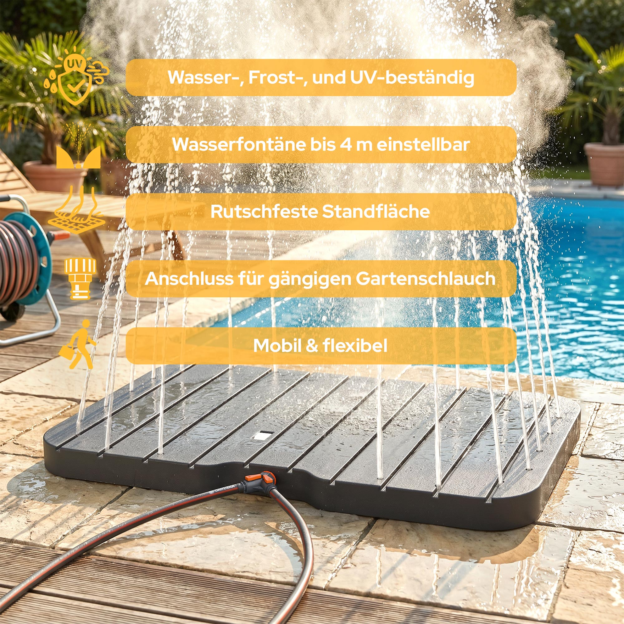 Wasserspielgerät mit Fontänen, wasser-, frost-, UV-beständig, rutschfest.