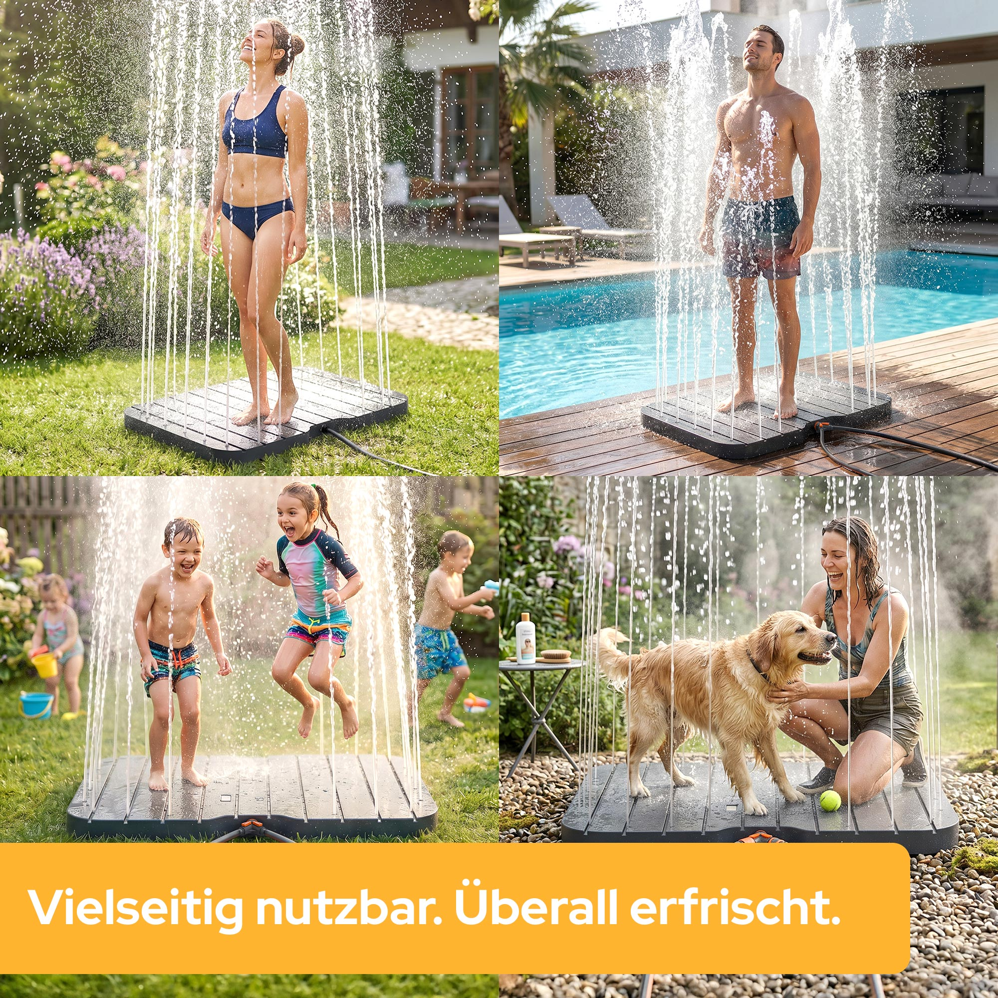 Vier Szenen: Frau, Mann, Kinder und Hund genießen Wasserspiele im Freien.