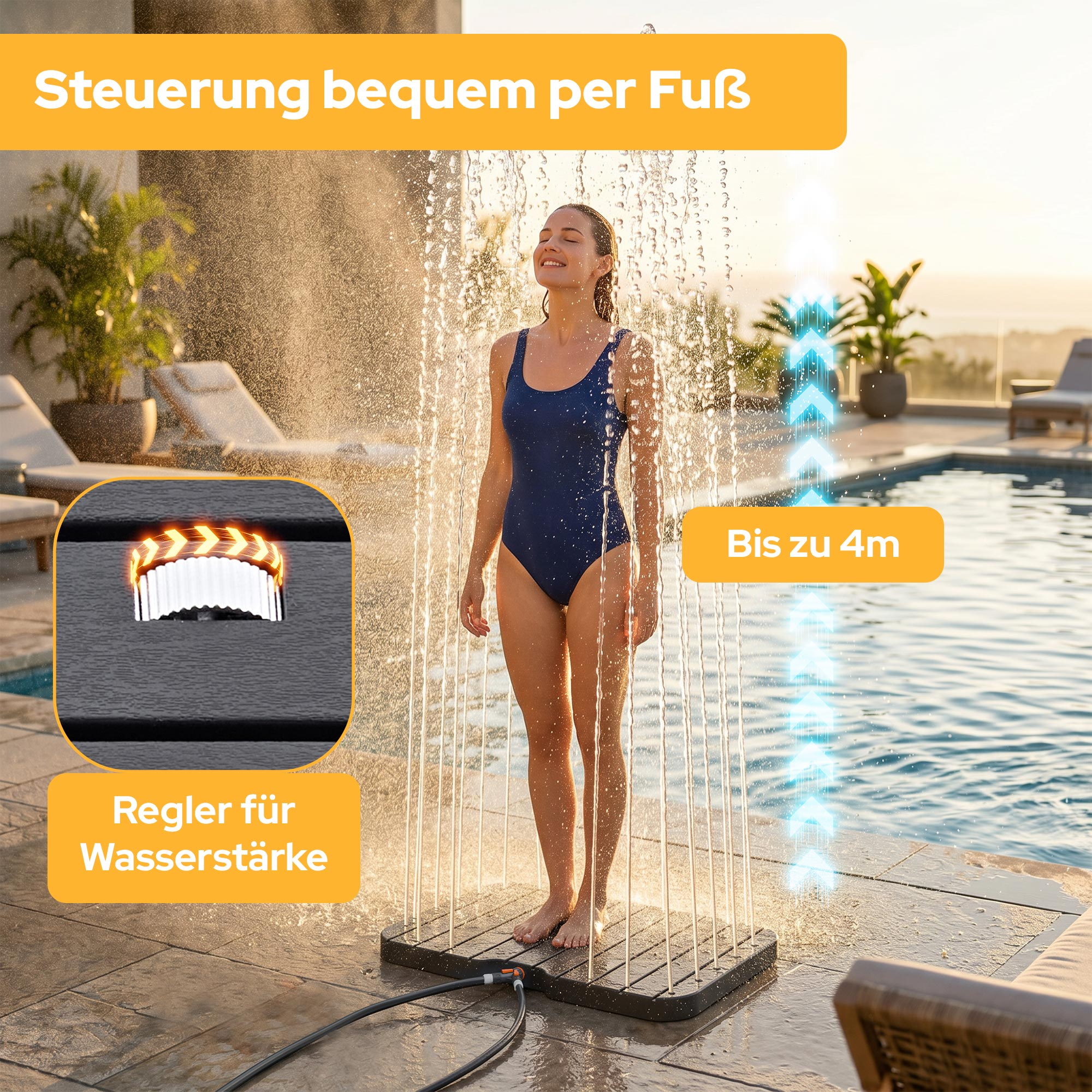 Frau unter Dusche am Pool, mit Regler für Wasserstärke und Reichweite bis 4m.