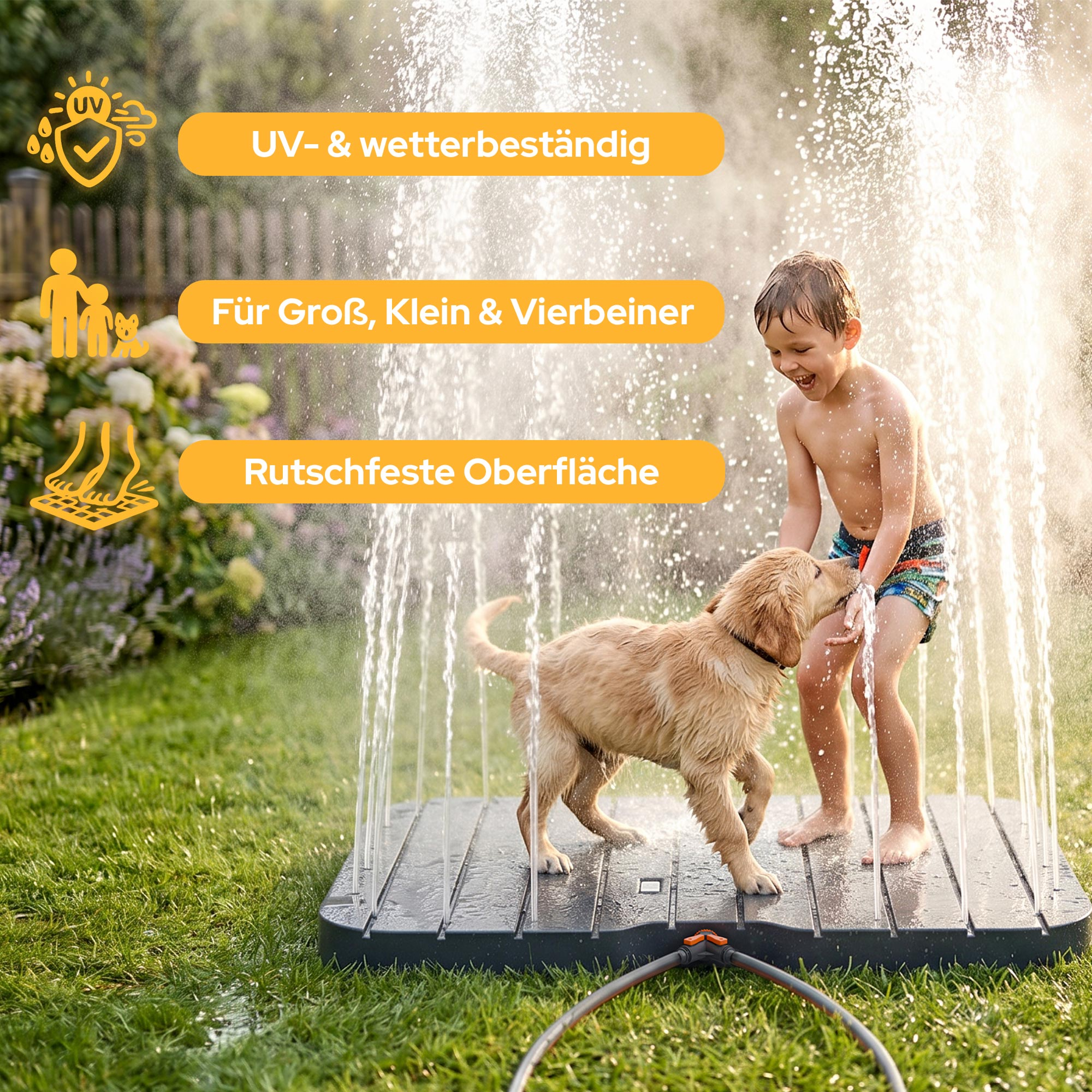 Ein Junge und ein Hund spielen in einem Wasserspiel auf einer Rasenfläche.