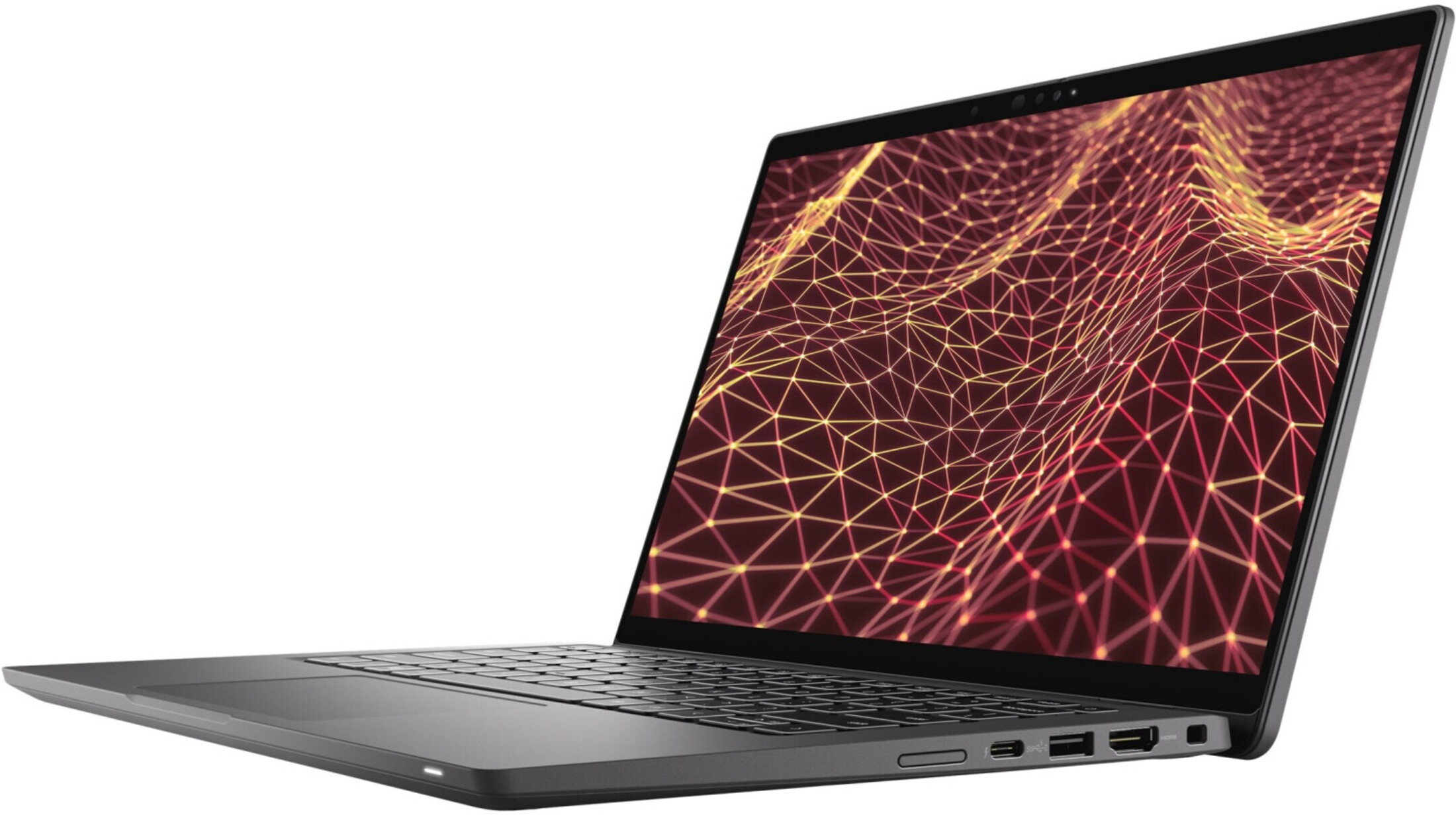 Ein grauer Laptop ist geöffnet und zeigt ein abstraktes rotes und gelbes Netzwerk-Muster.