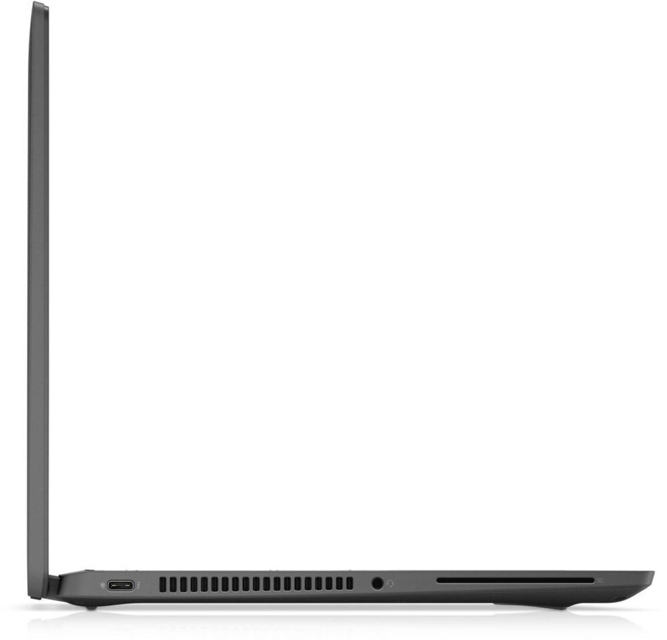 Die Seitenansicht eines geschlossenen grauen Laptops mit Anschlüssen.
