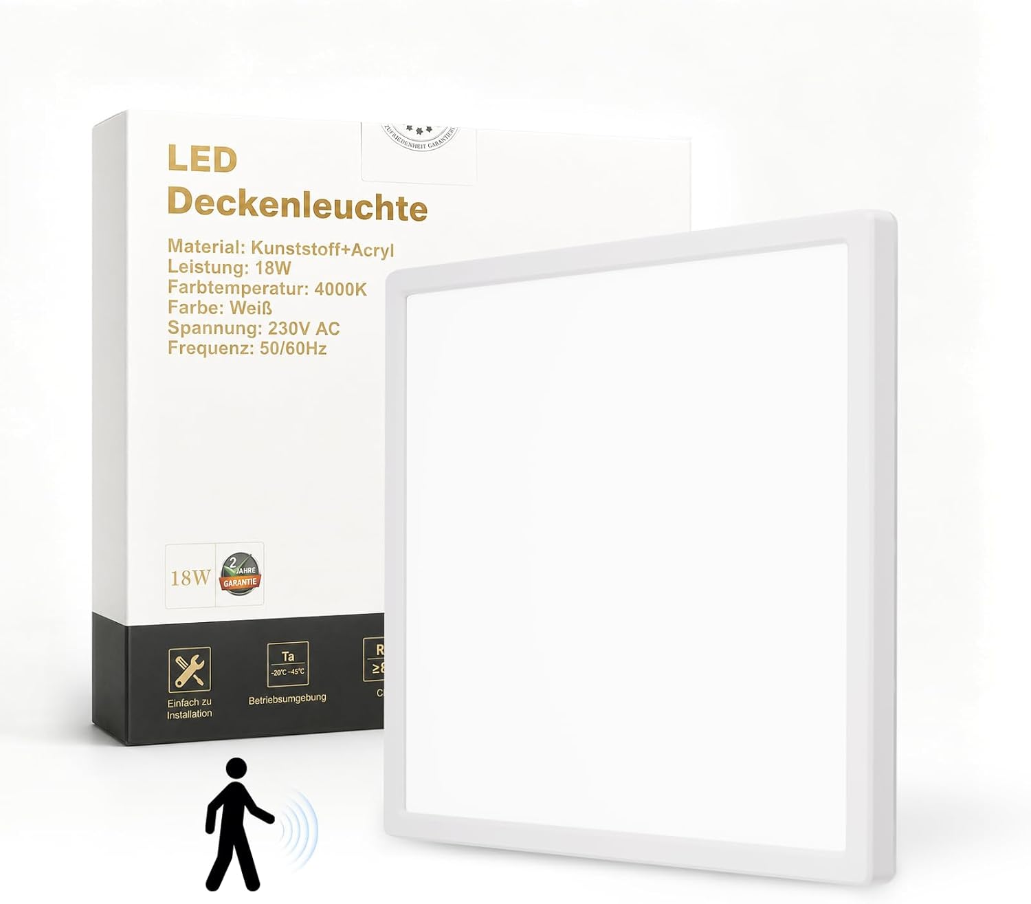 Eine weiße LED Deckenleuchte mit Produktinformationen auf der Verpackung.