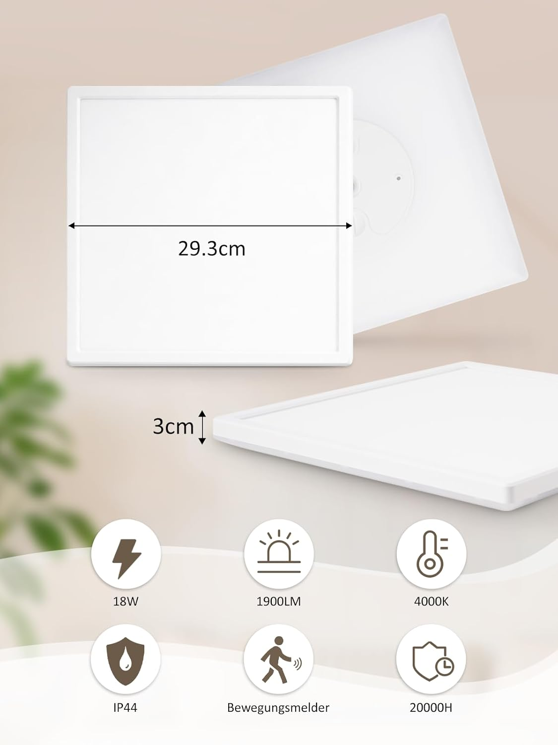 Ein weißes Rechteckpanel mit Maßen 29,3 cm und 3 cm Dicke.