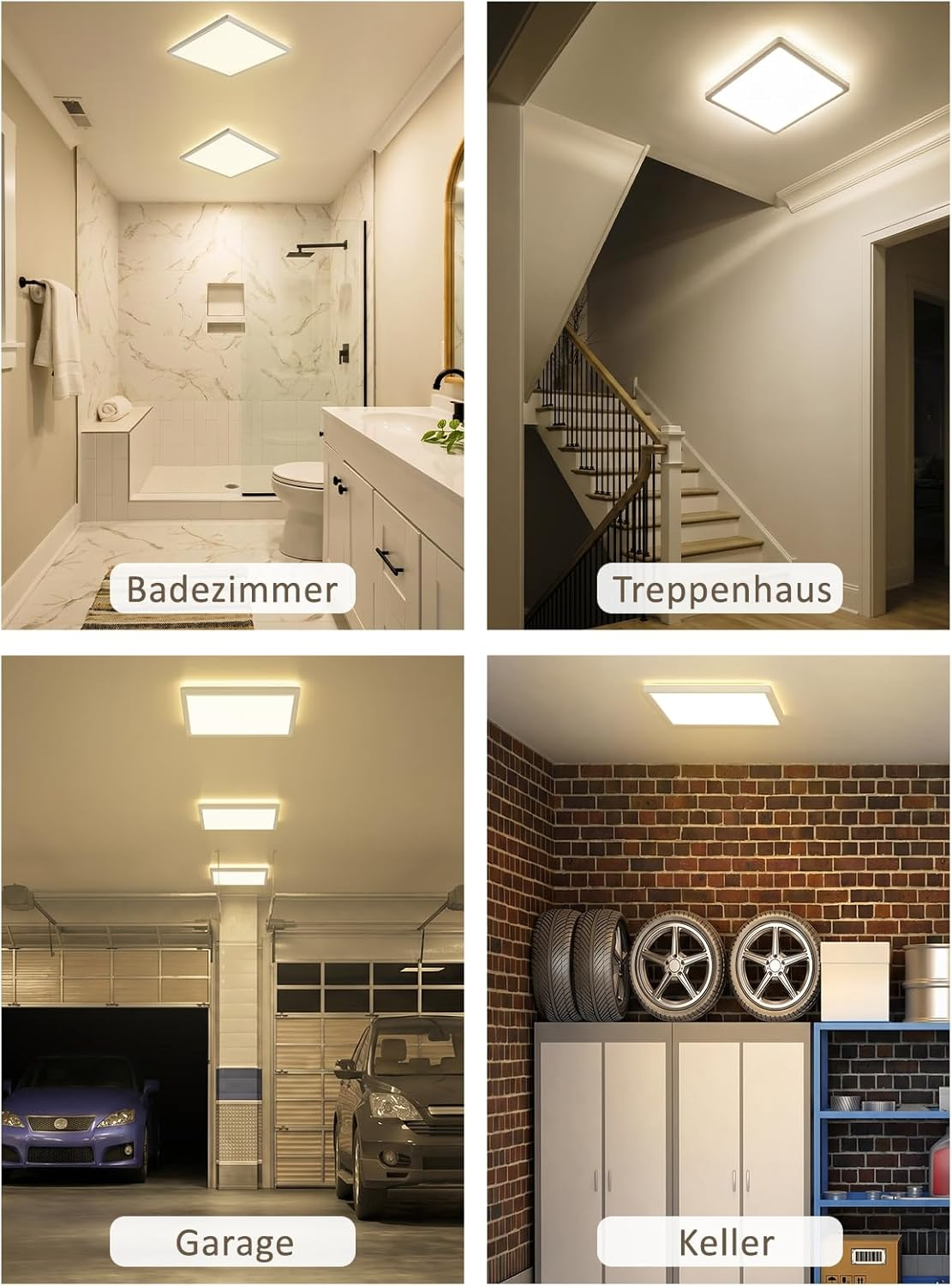 Badezimmer, Treppenhaus, Garage und Keller mit Beleuchtung.