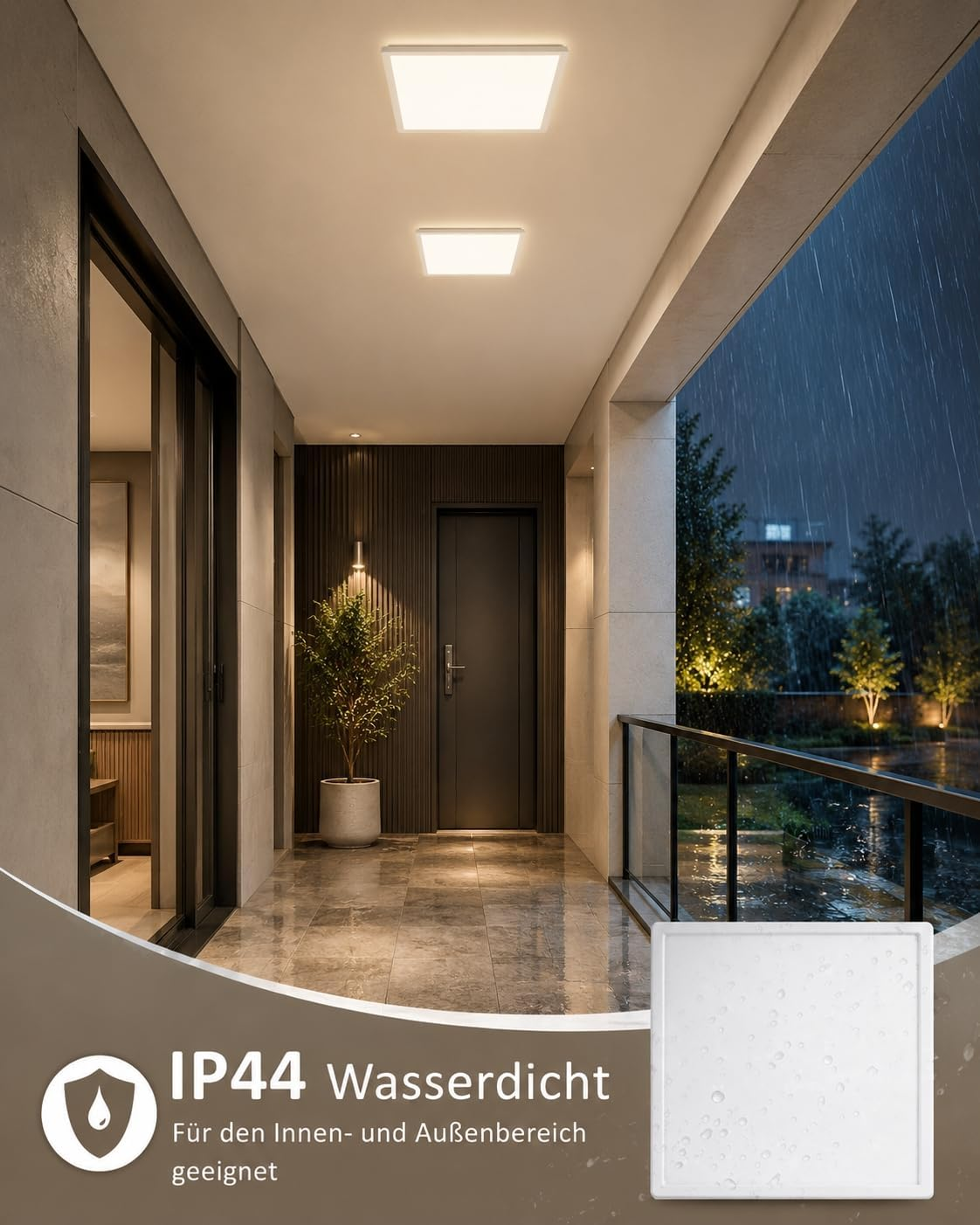 Zwei rechteckige Deckenleuchten beleuchten einen Flur bei Regen. IP44 Wasserdicht.
