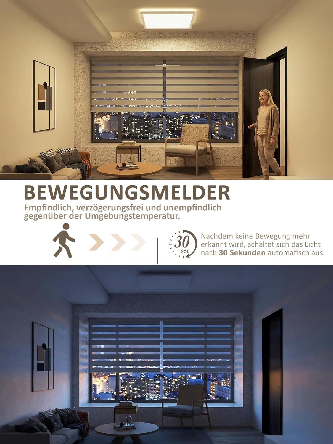 Ein Wohnzimmer bei Nacht mit beleuchteter Stadt draußen. Ein Bewegungsmelder ist installiert.