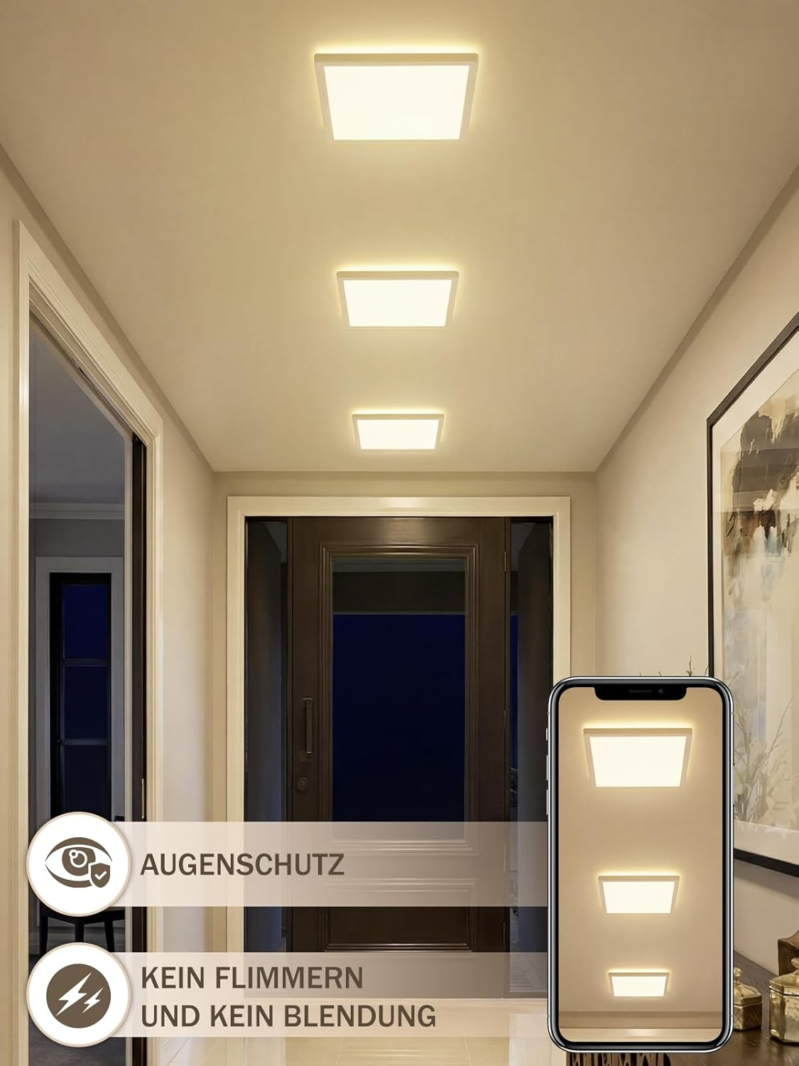 Flur mit vier quadratischen Deckenleuchten und einer App-Ansicht.