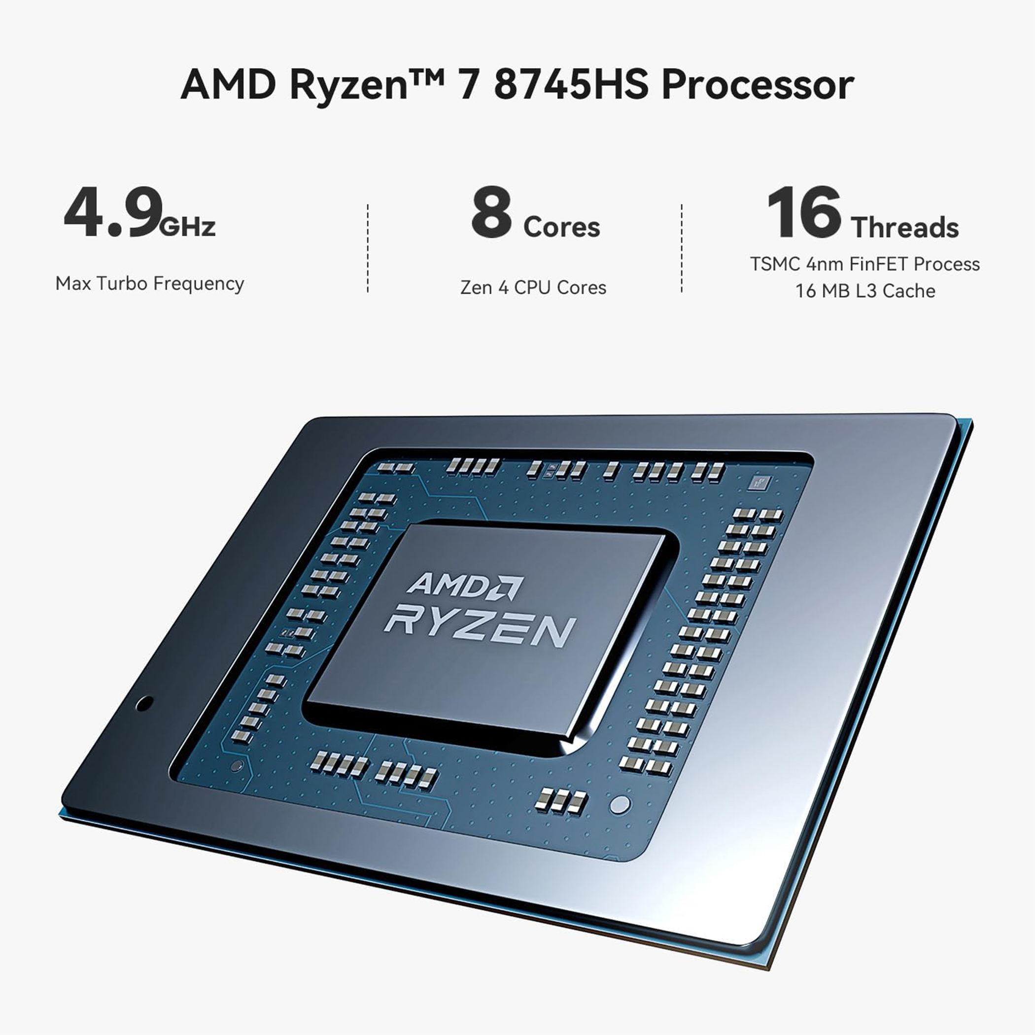Processore AMD Ryzen 7 8745HS con 4,9 GHz, 8 core, 16 thread.
