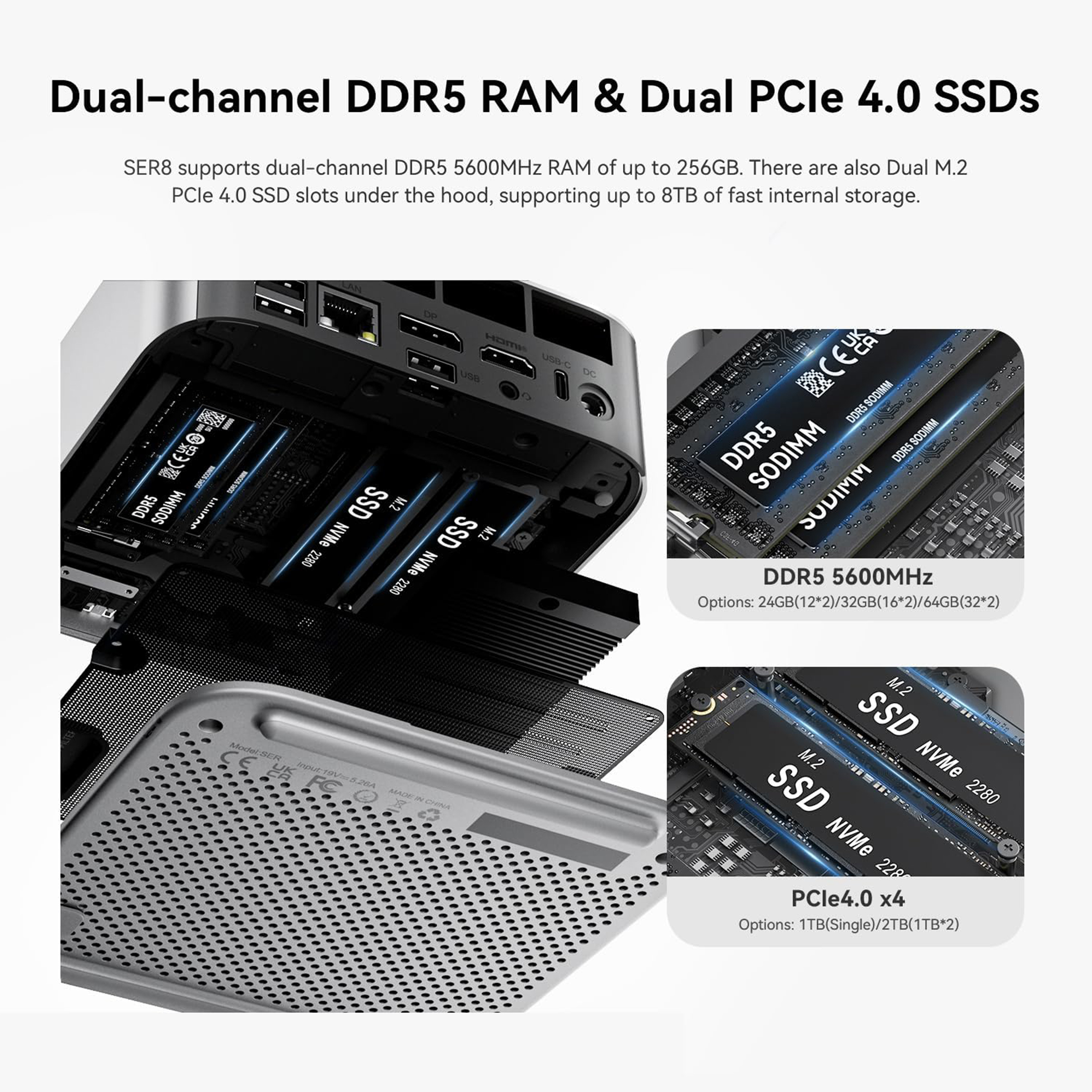 Vista interna di un computer che mostra moduli RAM DDR5 e SSD M.2.
