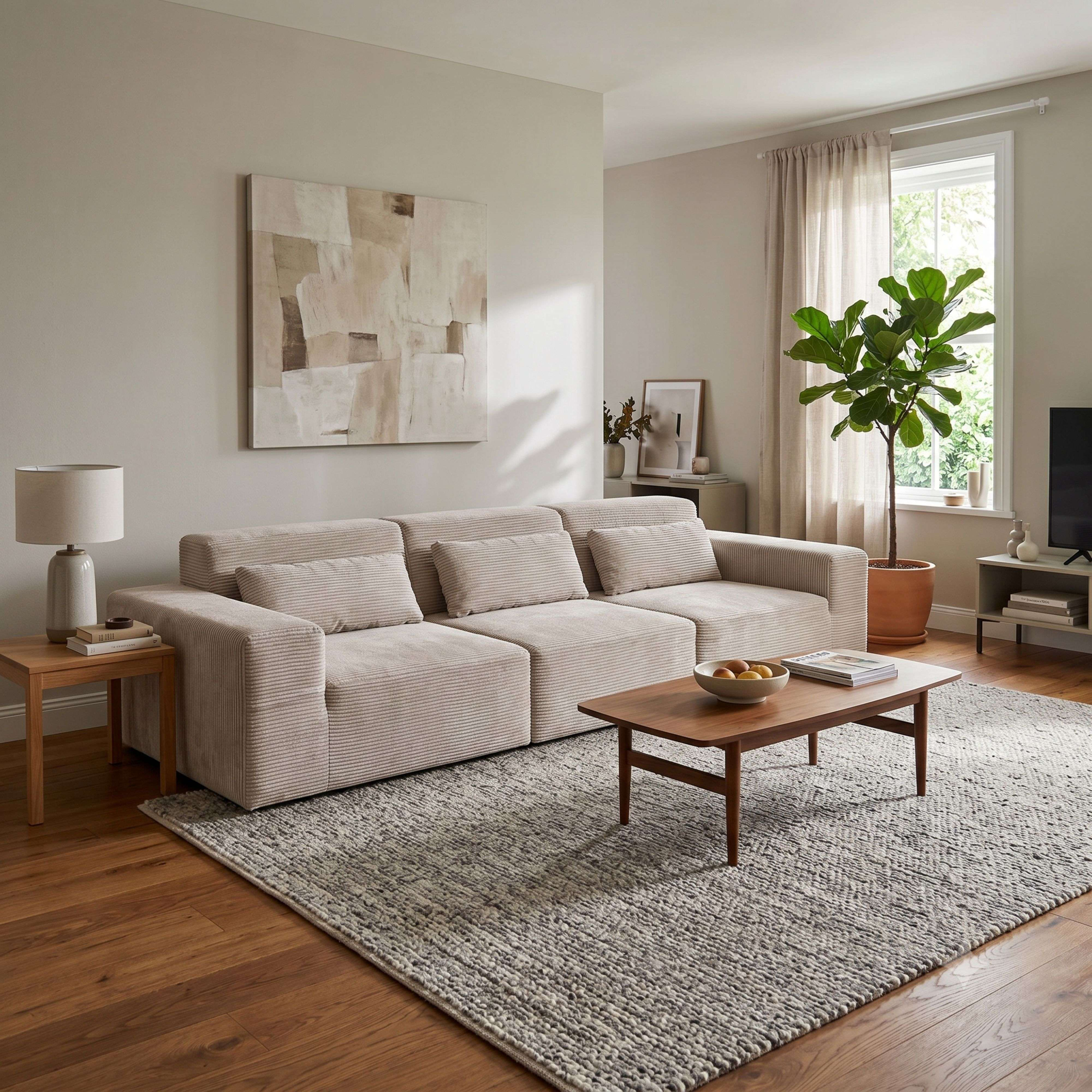 Sala de estar moderna con sofá beige, mesa de centro, lámpara y planta.