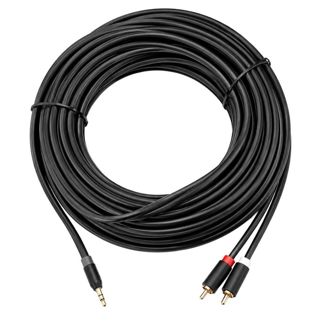 3,5 mm fişli ve iki RCA fişli (kırmızı/beyaz) siyah ses kablosu.