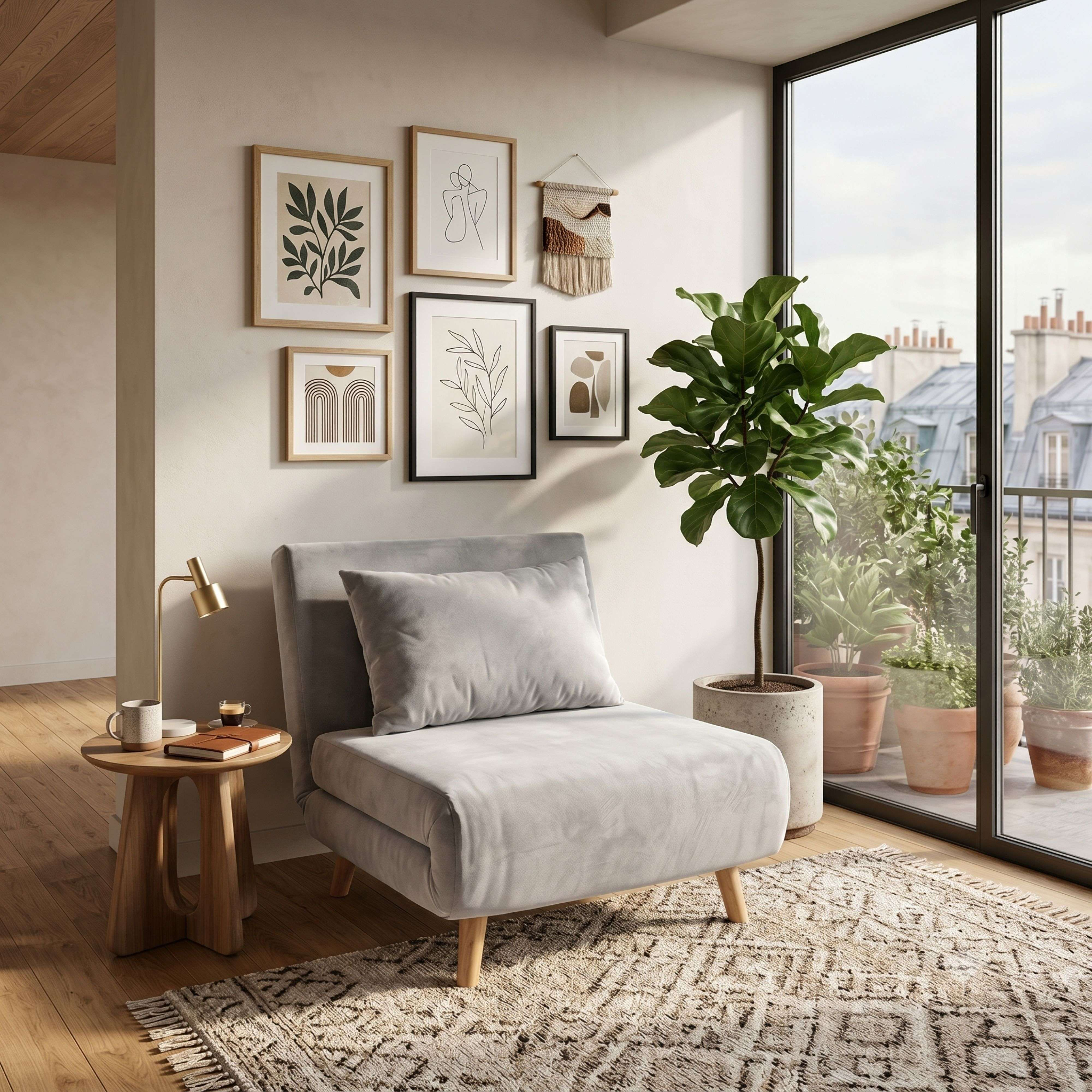 Un sillón gris claro sobre una alfombra, frente a una ventana con vistas a tejados parisinos.