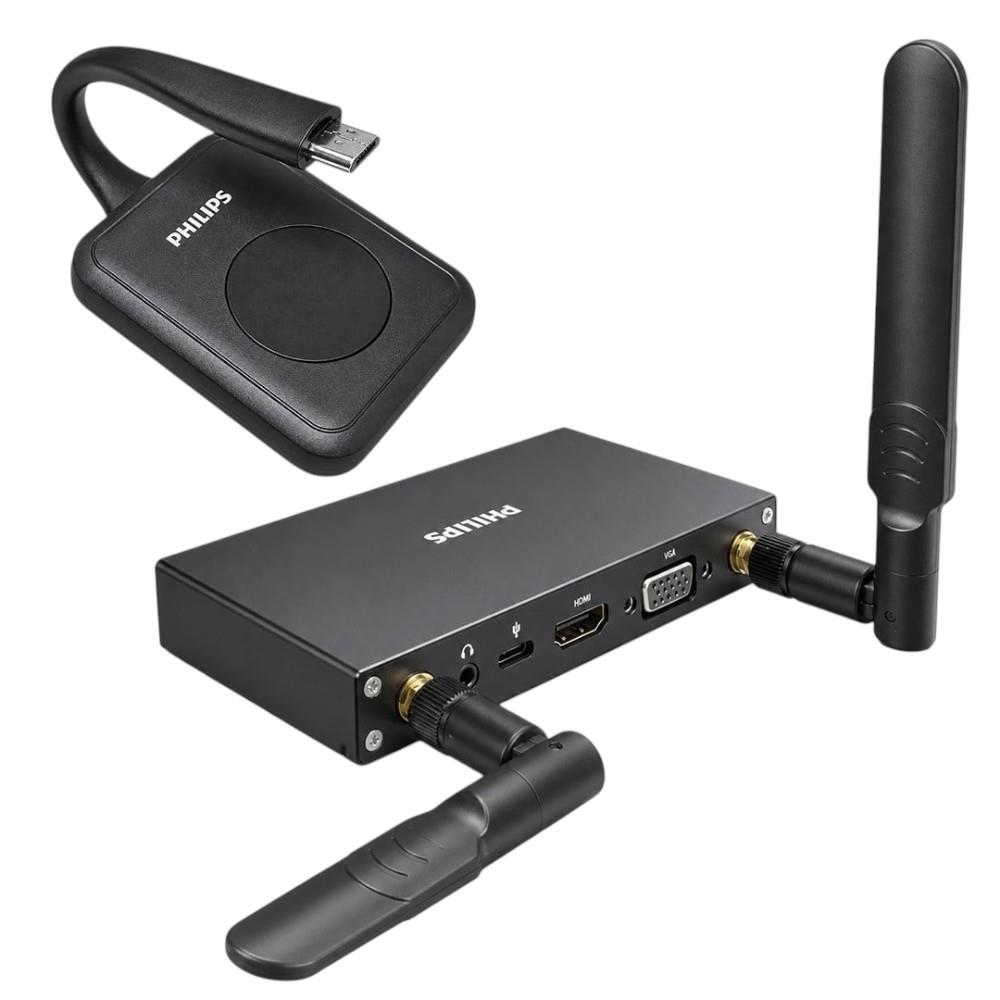 İki siyah Philips cihazı: bir USB-C dongle ve antenli bir alıcı.