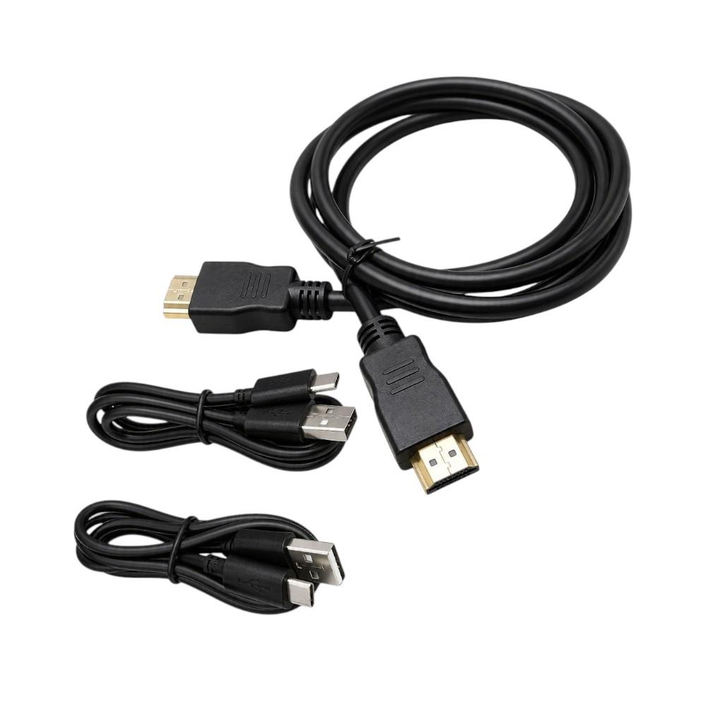 Siyah HDMI kablosu ve USB-A ve USB-C konnektörlü iki USB kablosu.