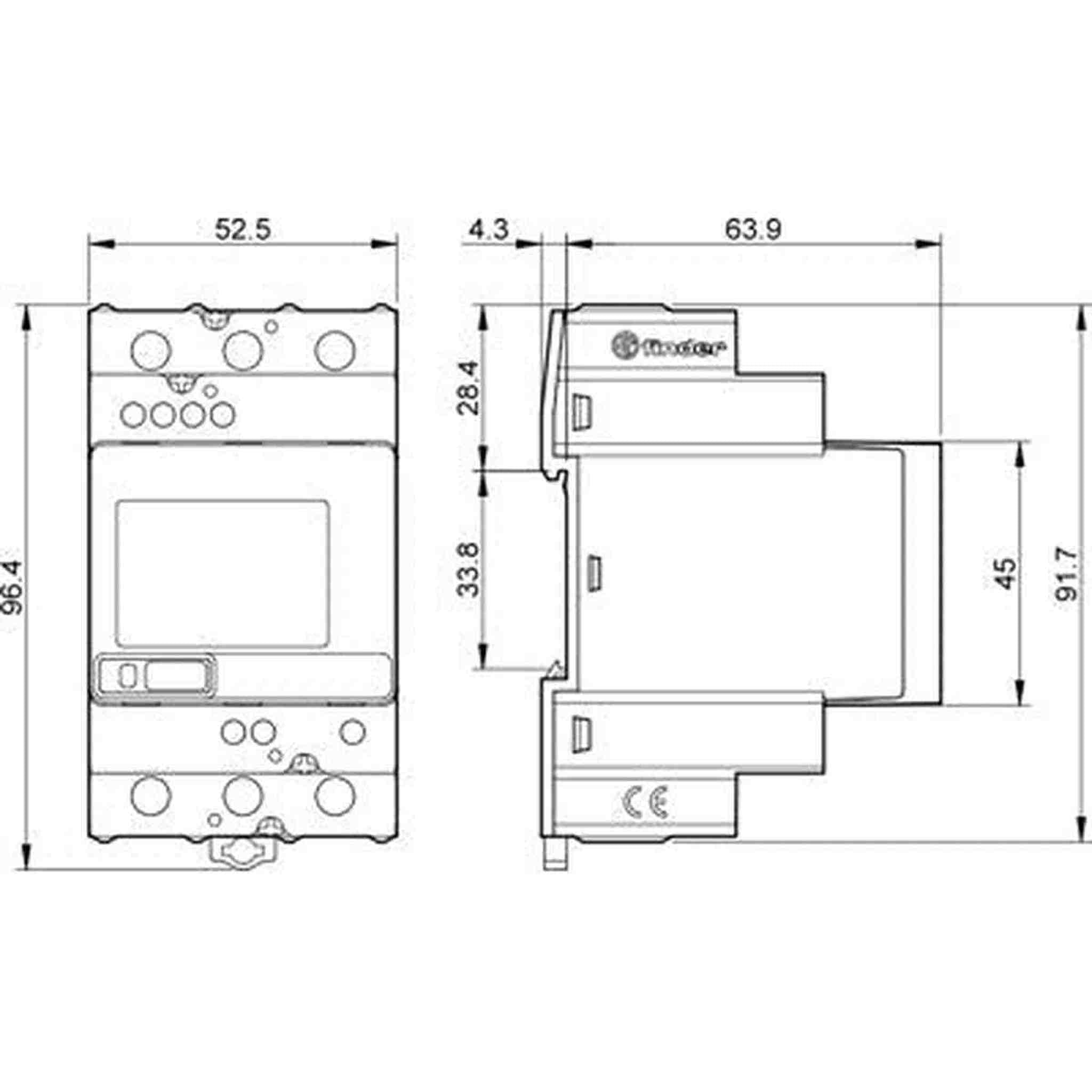 Technische tekening van een elektrisch apparaat met afmetingen.
