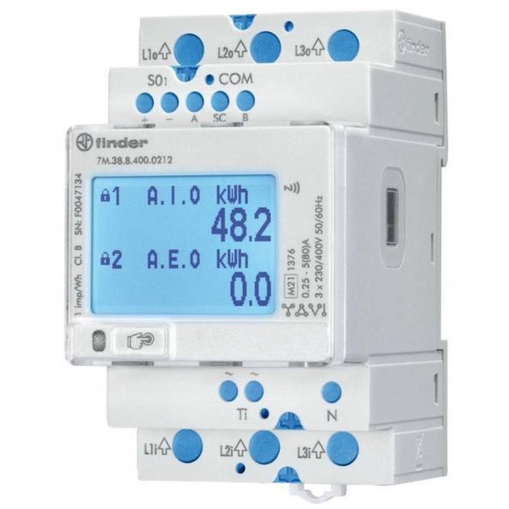 Een witte elektriciteitsmeter met blauw display toont 48.2 kWh.