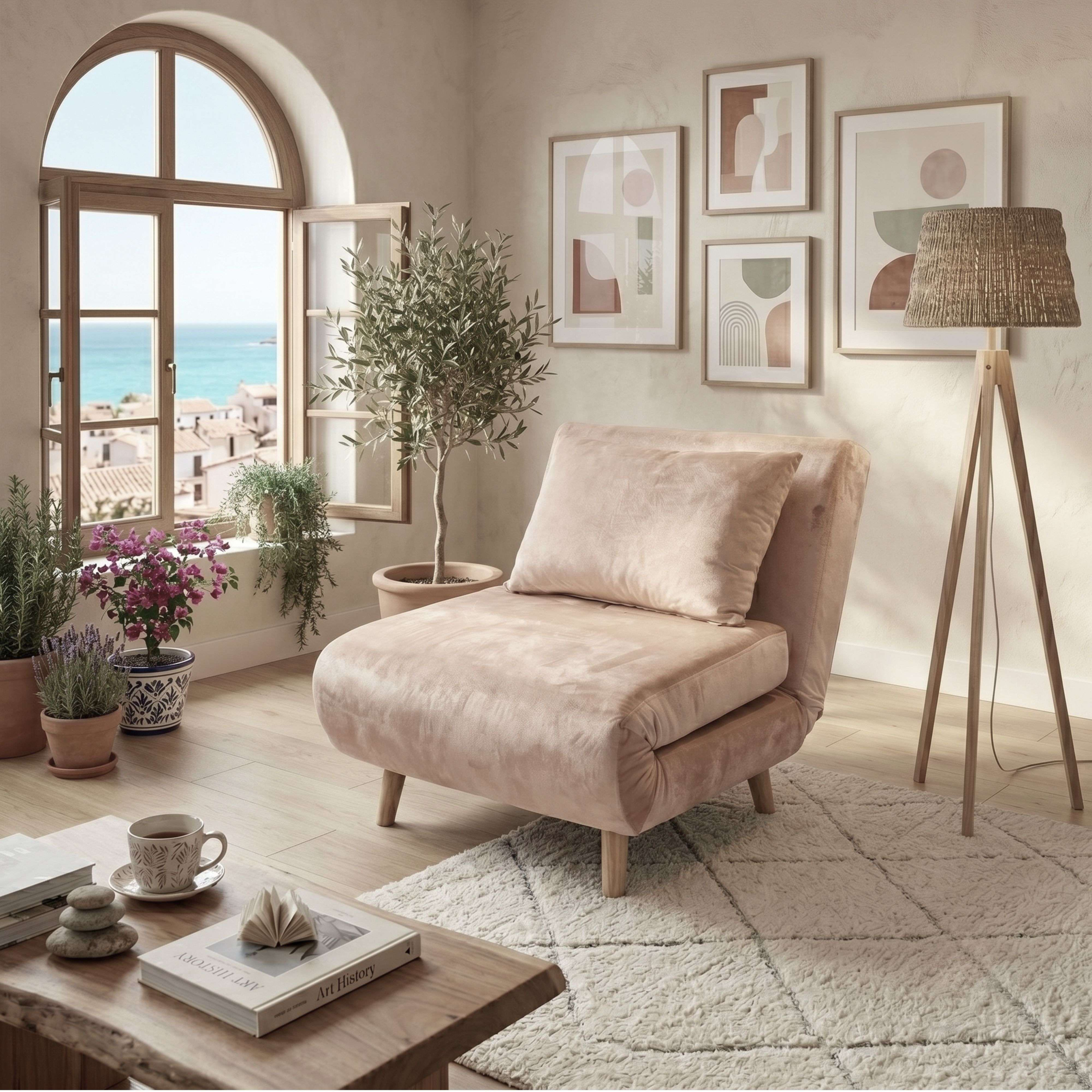 Salón luminoso con sillón rosa, libros, plantas y vista al mar por la ventana.