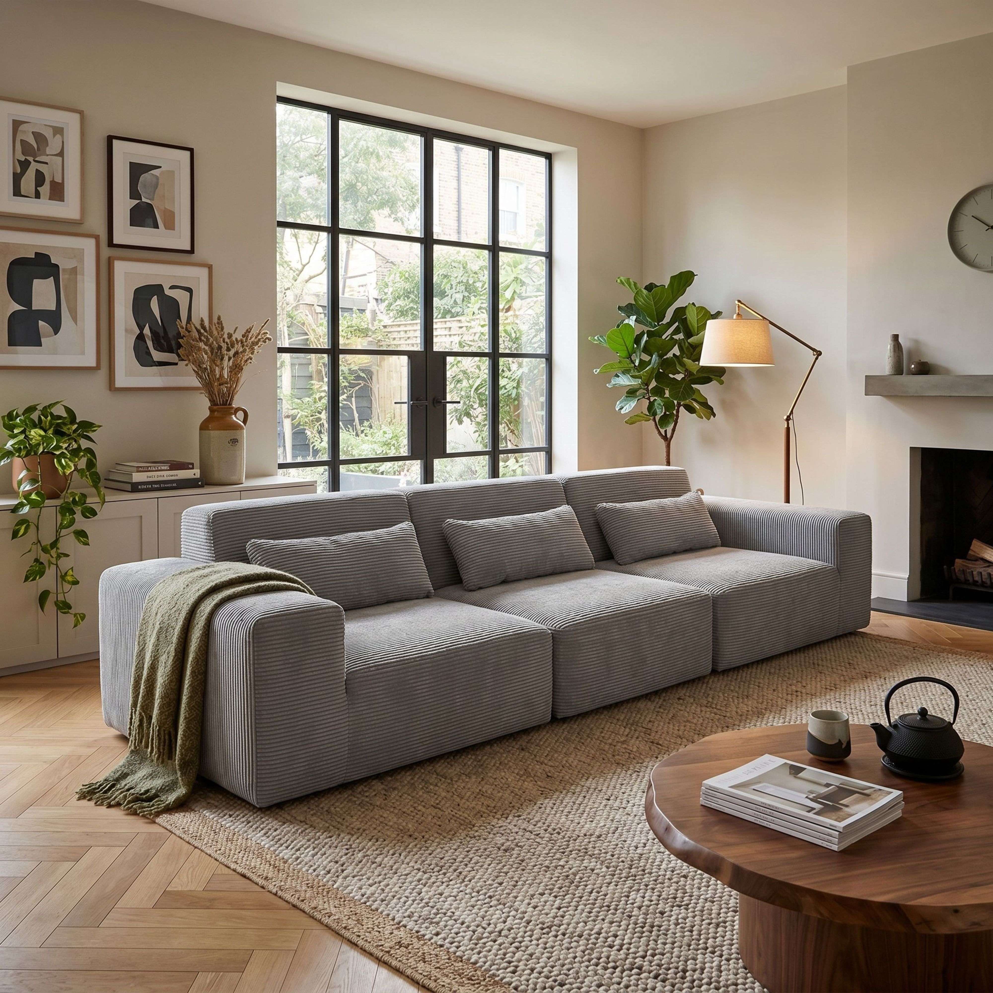 Una sala de estar espaciosa con sofá gris, alfombra, chimenea y grandes ventanales.