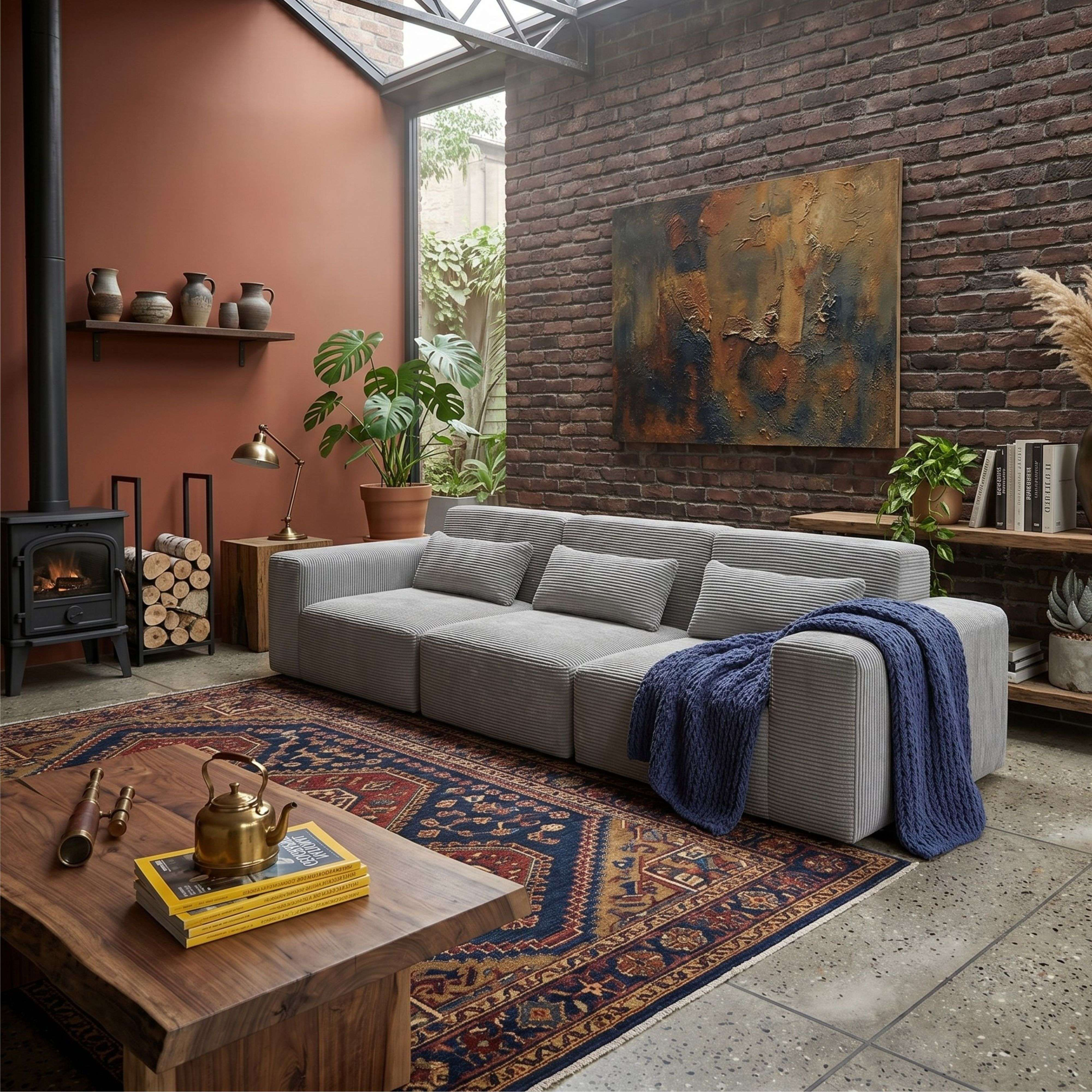 Una sala de estar con chimenea, sofá, alfombra y mesa de centro de madera.