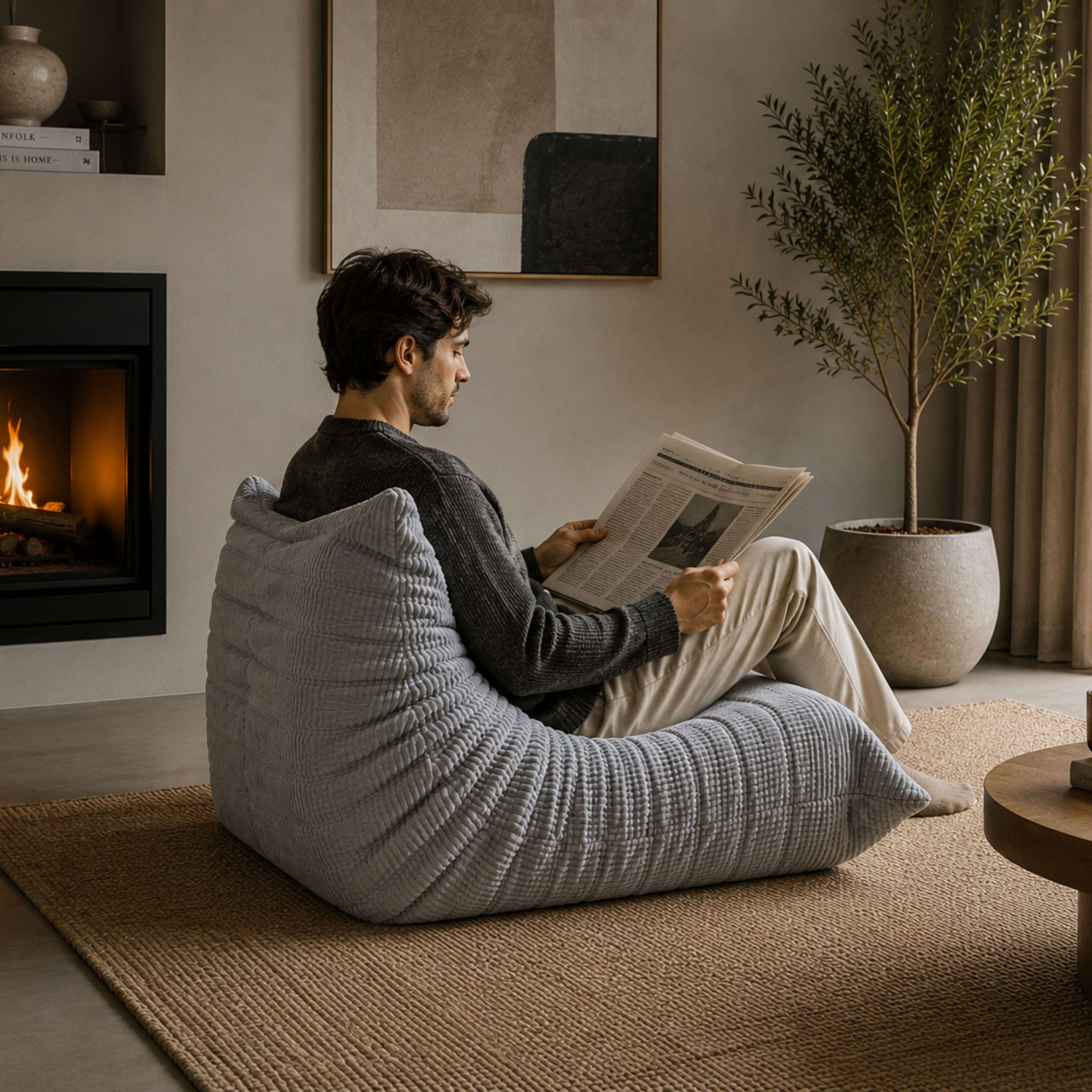 Hombre leyendo el periódico en un puf gris frente a una chimenea.