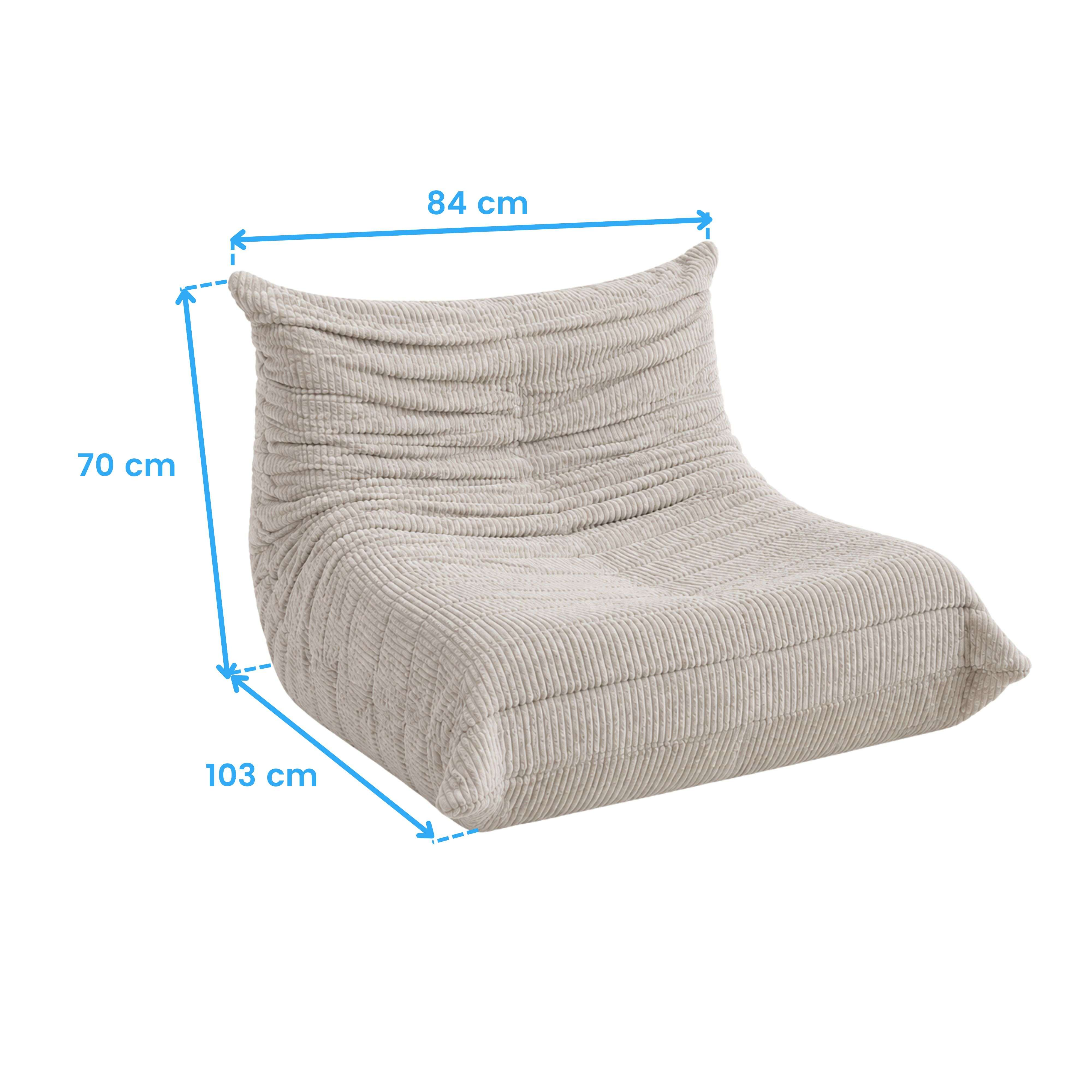Puf de pana gris claro con dimensiones: 84 cm ancho, 70 cm alto, 103 cm profundo.