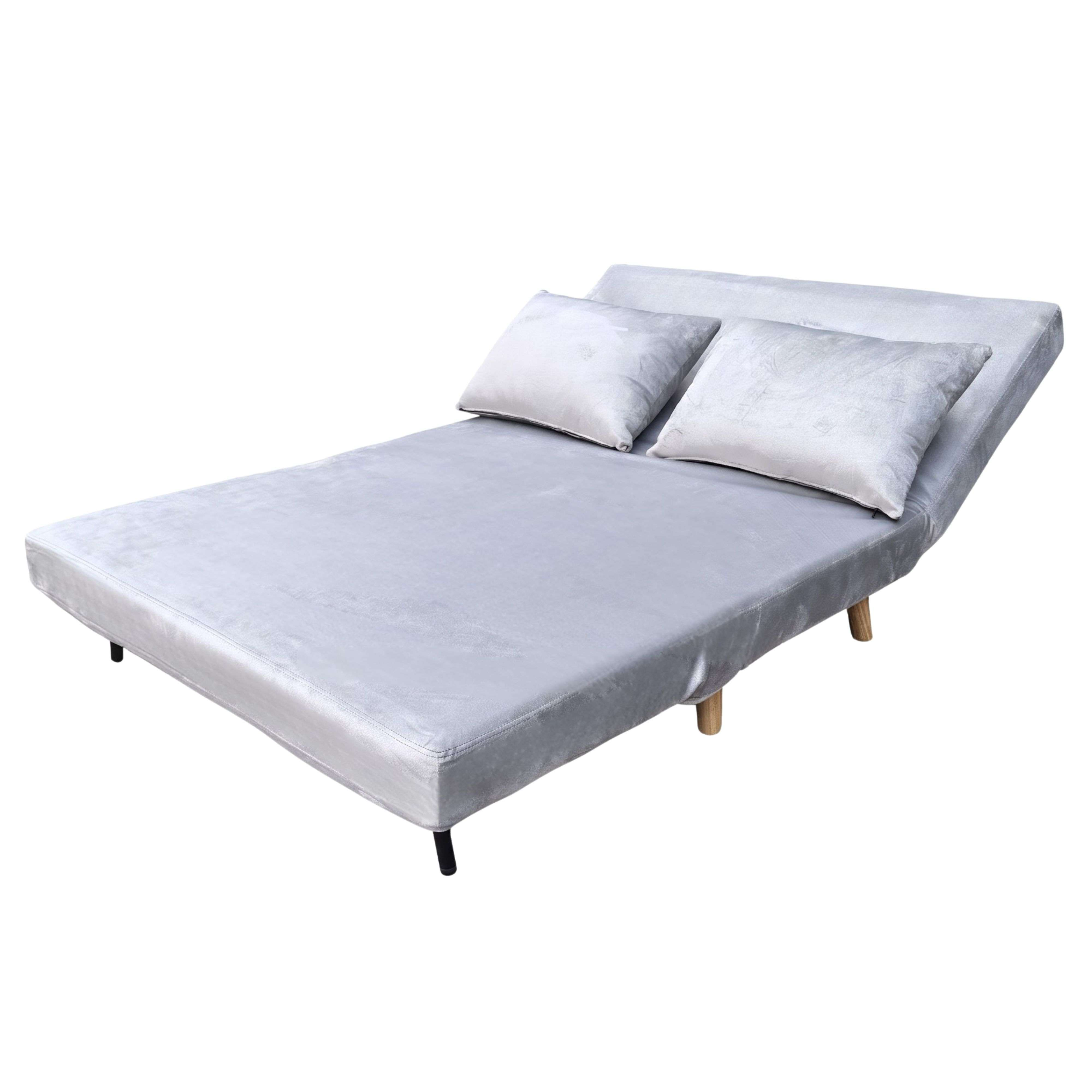 Un sofá cama gris con dos cojines, sobre fondo blanco.