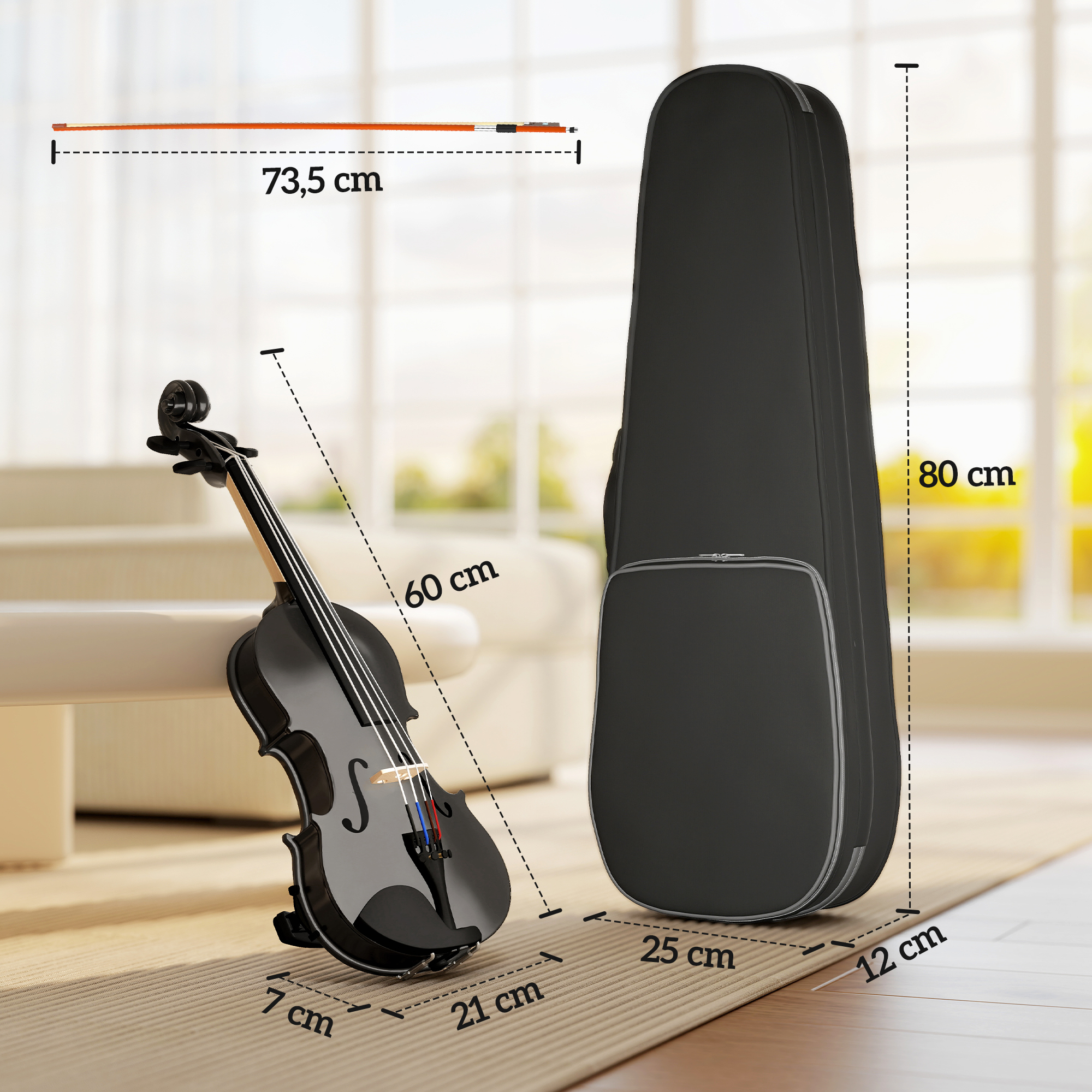 Violín negro con accesorios y dimensiones en una sala.