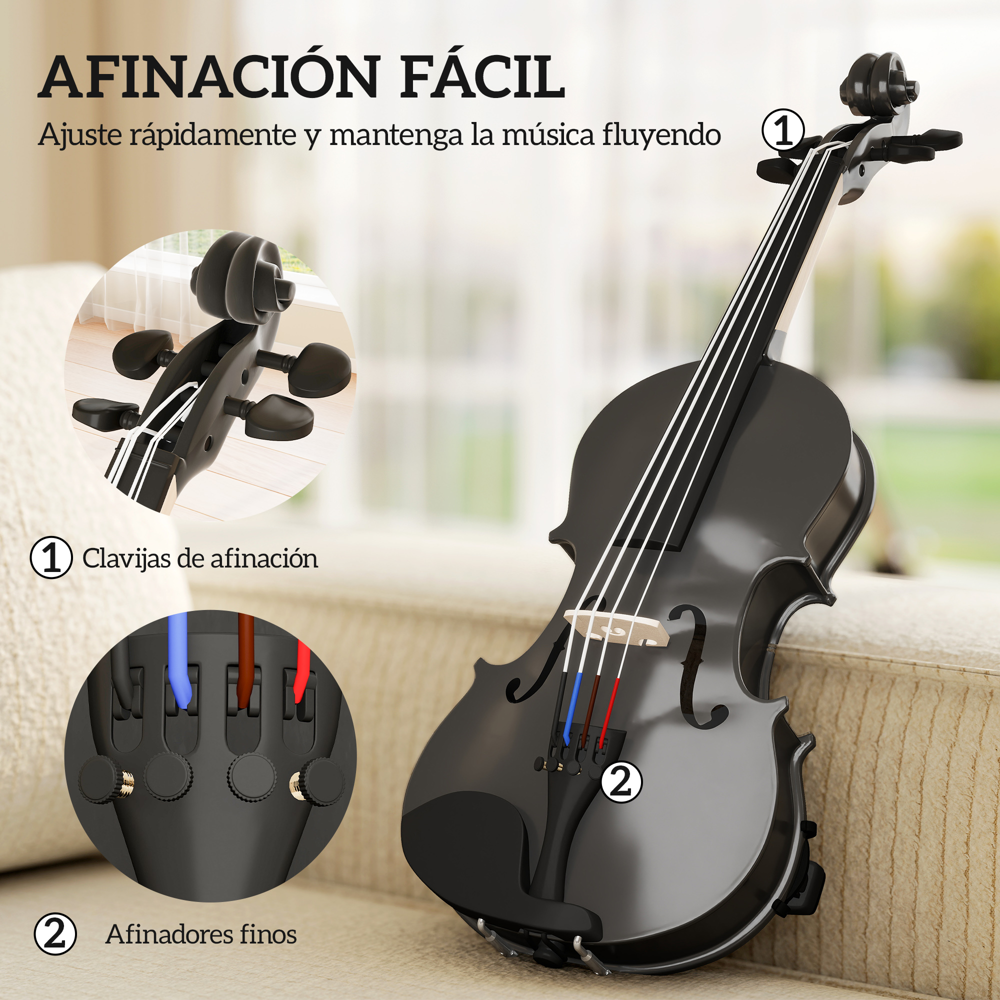 Violín negro con primeros planos de clavijas y afinadores finos.