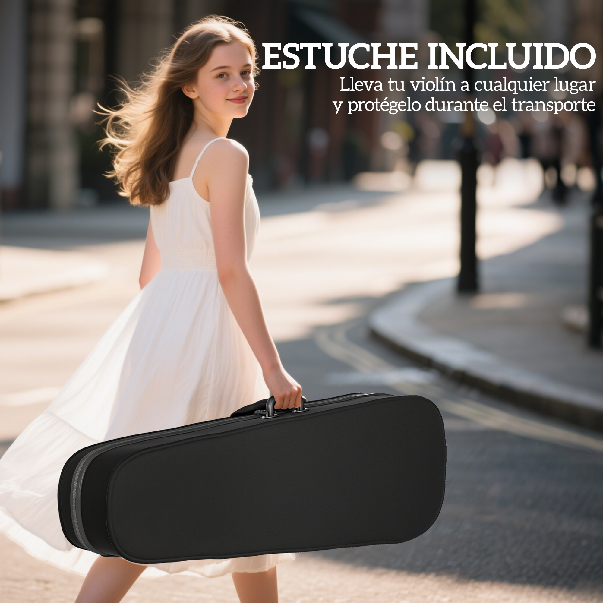 Una chica con vestido blanco lleva un estuche negro de violín. Calle.