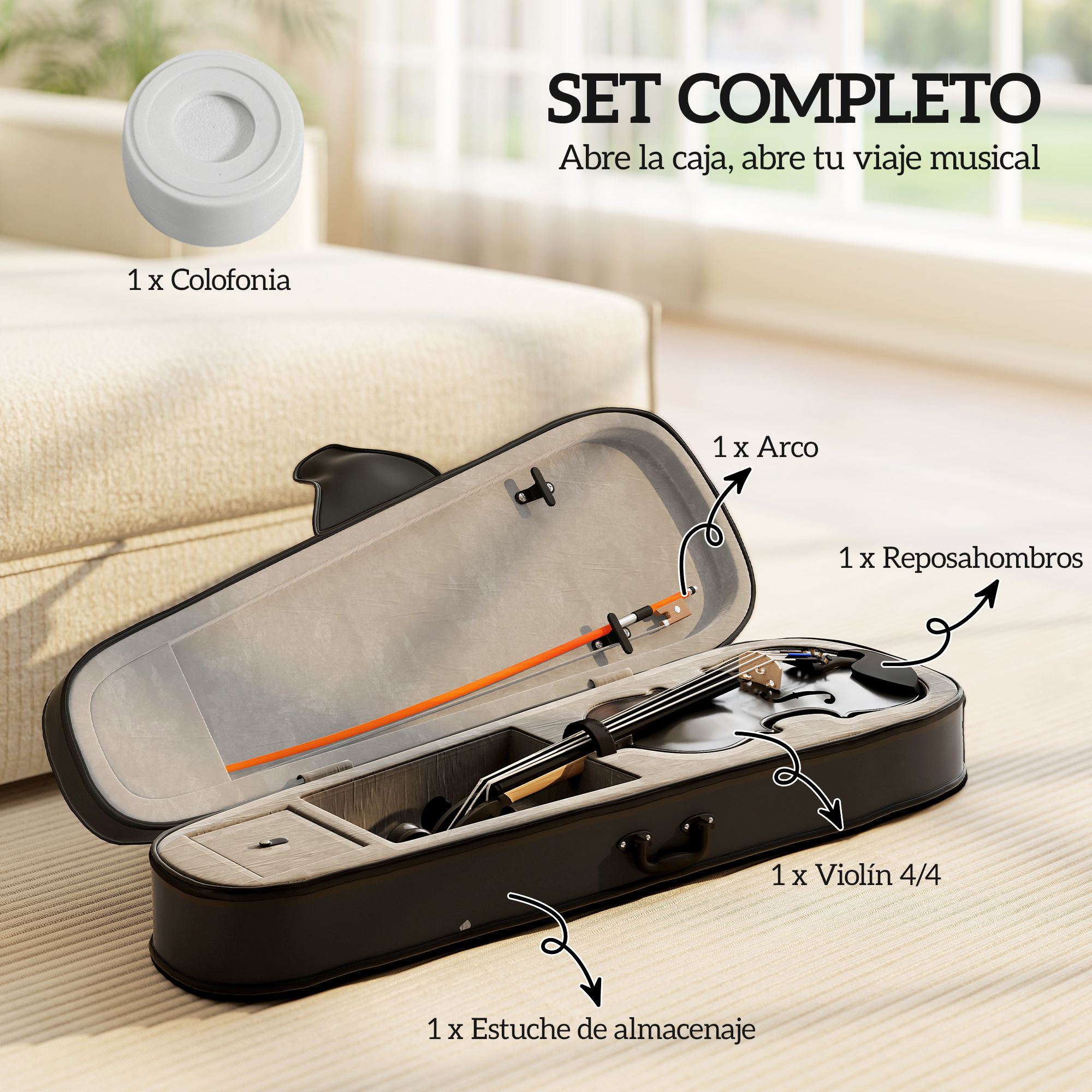Violín en estuche con accesorios: colofonia, arco, reposahombros, estuche.