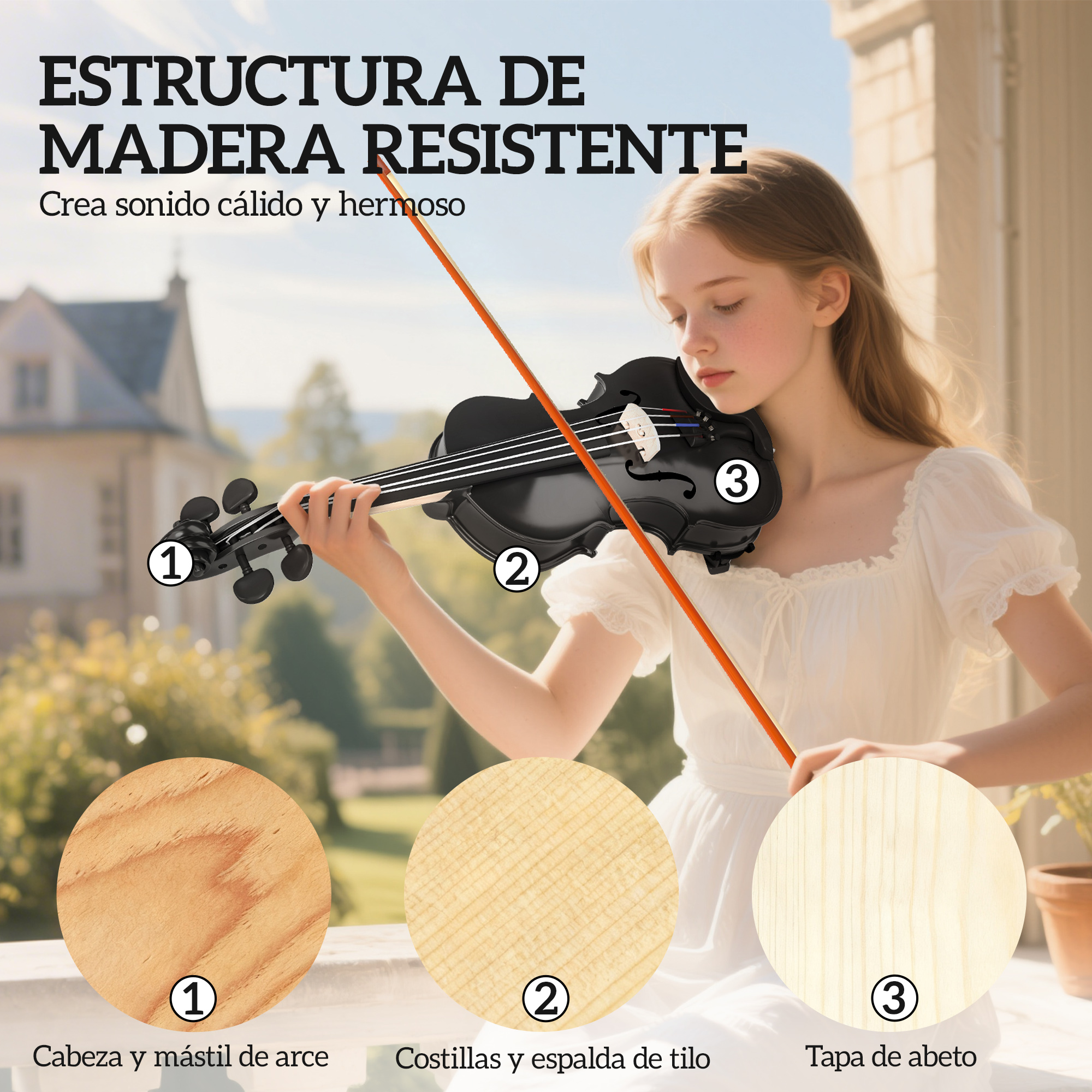 Una niña toca el violín. Primeros planos muestran vetas de madera.
