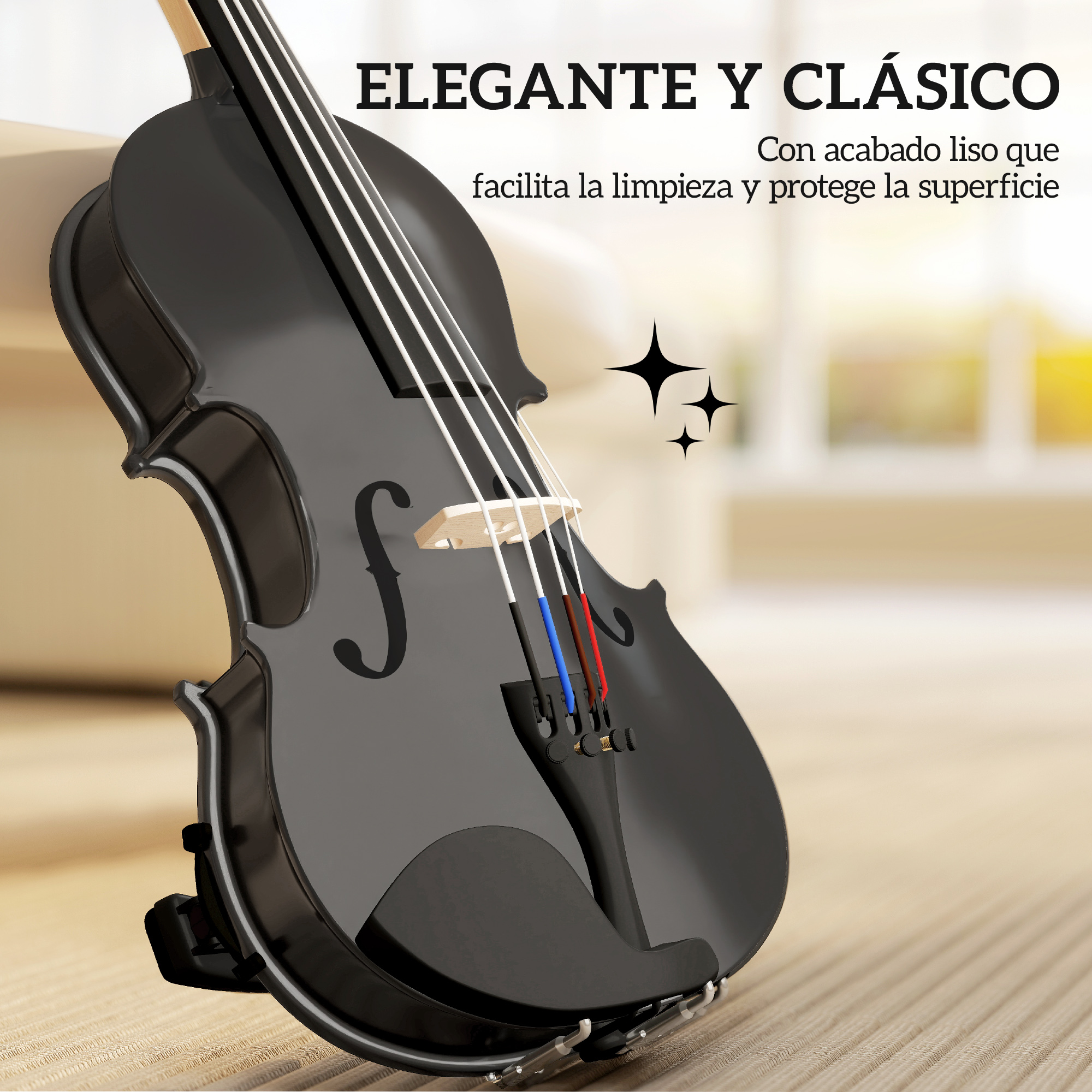 Violín negro sobre superficie texturizada, con texto 