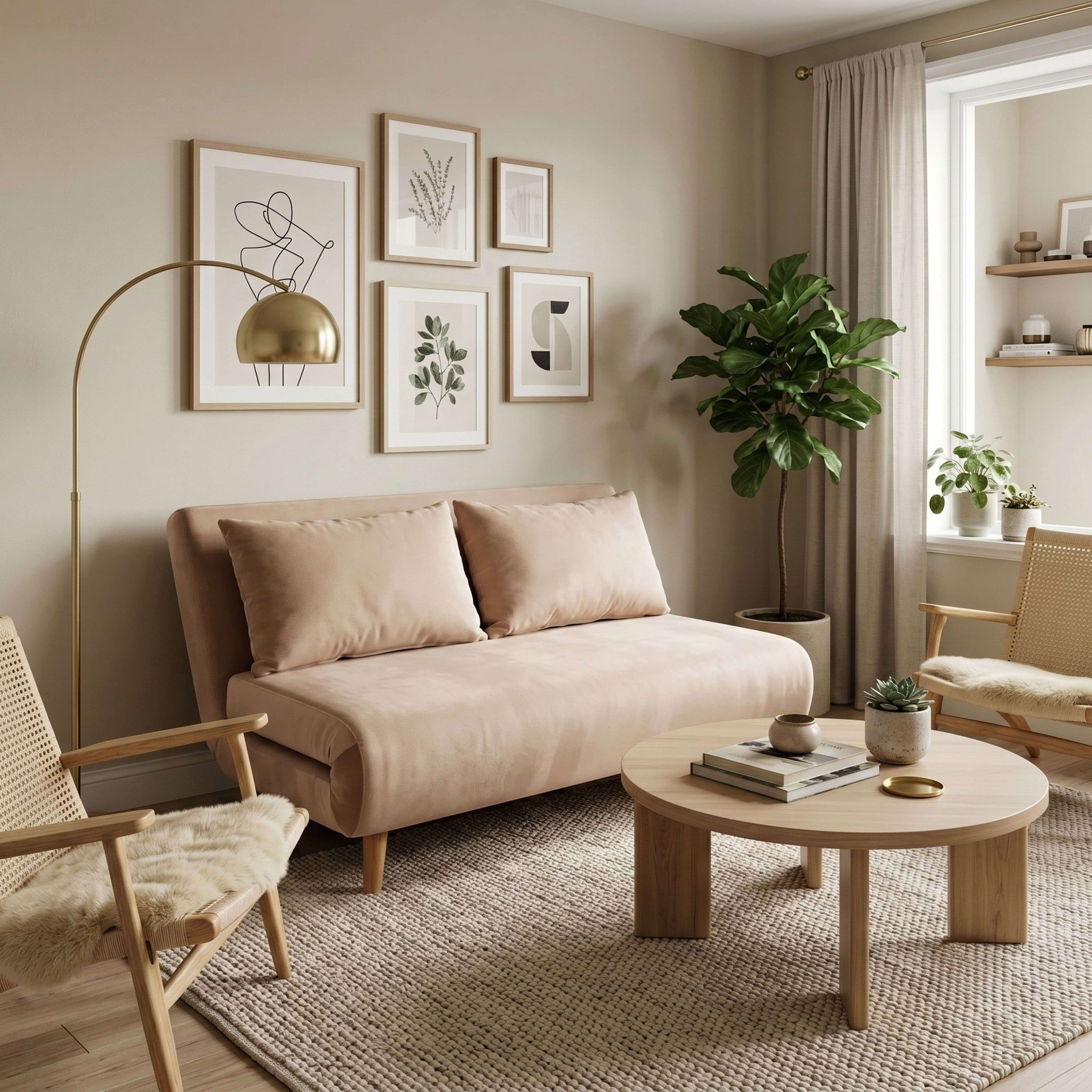 Una sala de estar luminosa con un sofá cama rosa, dos sillas de mimbre, una mesa redonda de madera y plantas.
