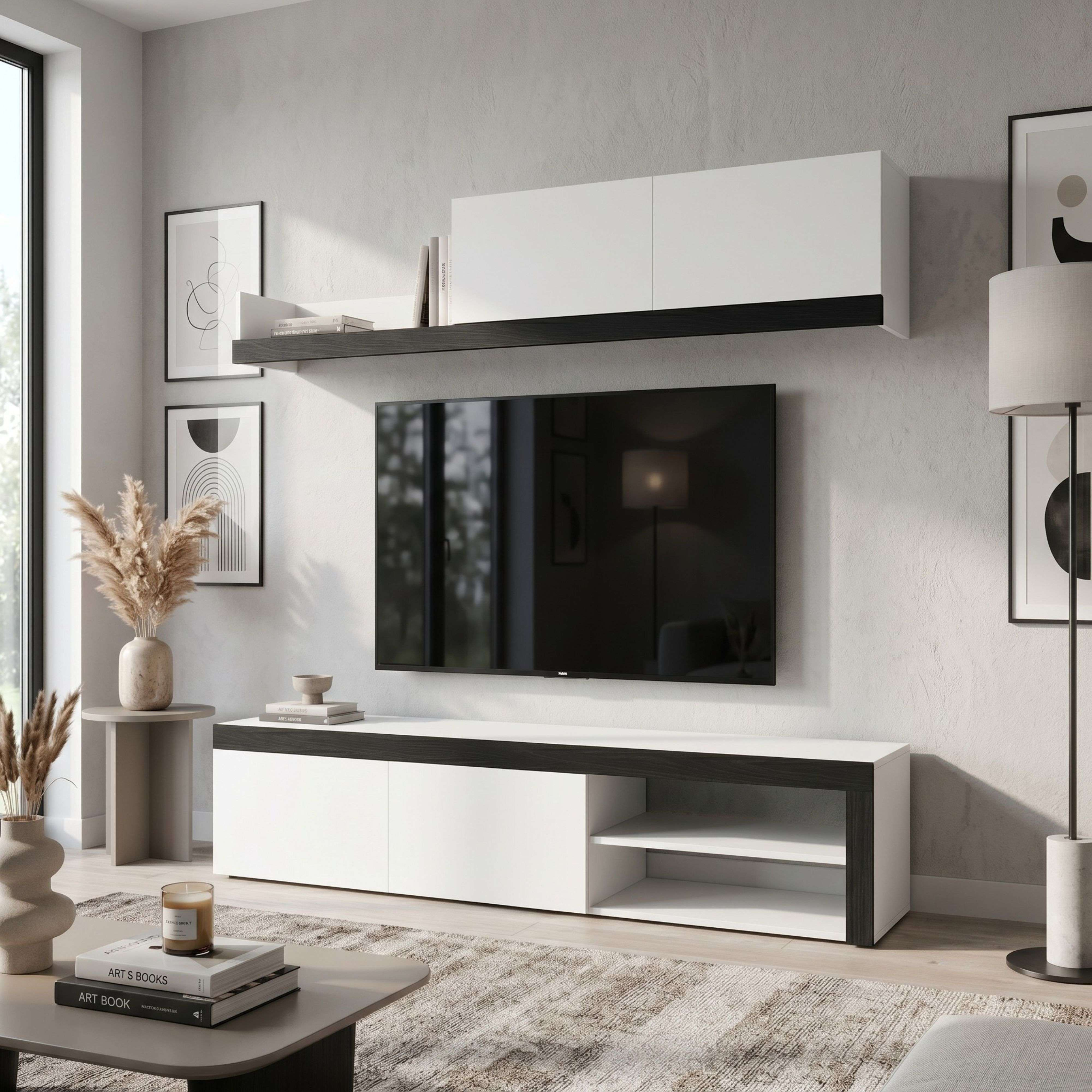 Sala de estar moderna con mueble de TV blanco, estante y arte.