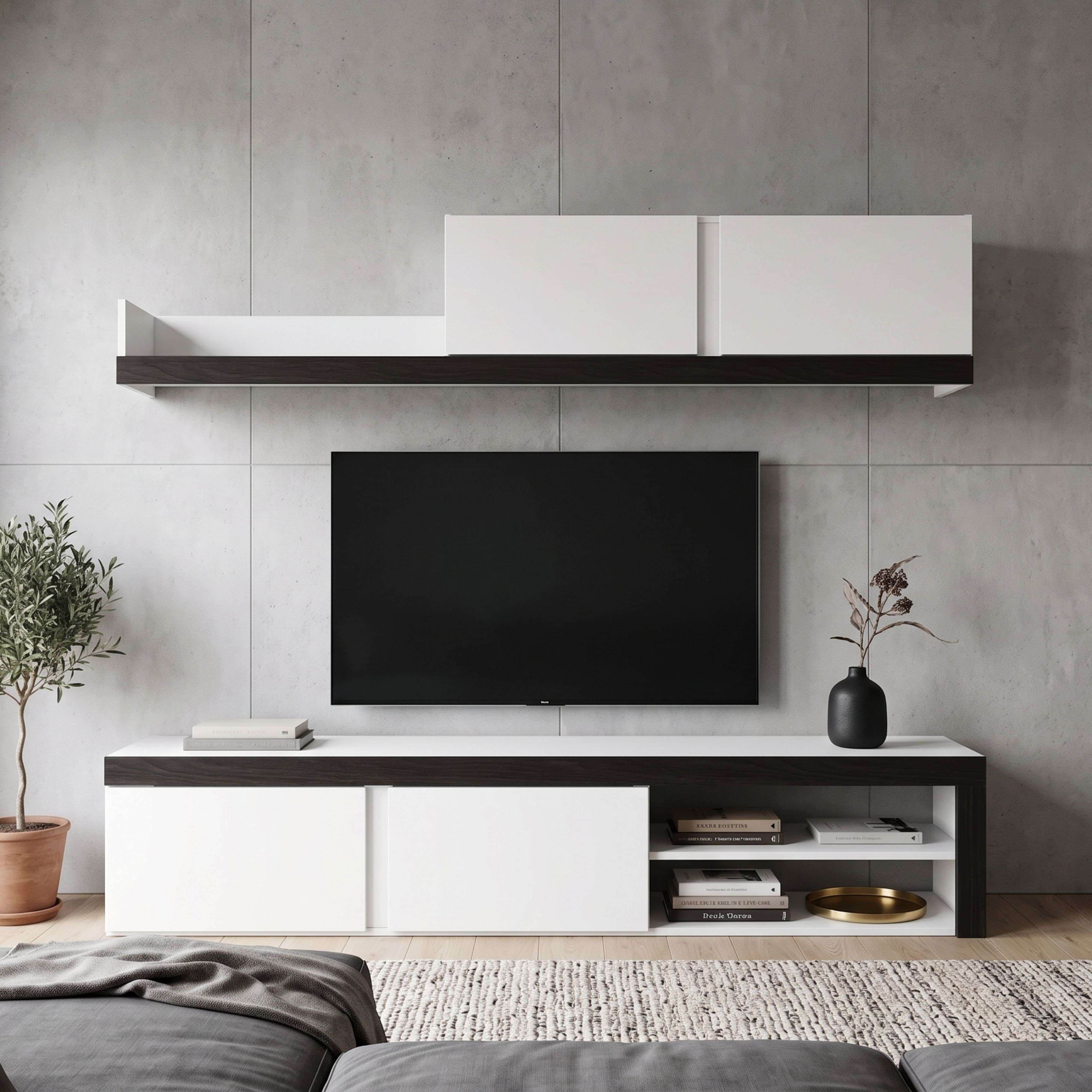 Una sala de estar moderna con mueble de TV blanco, acentos negros, televisión y decoración.