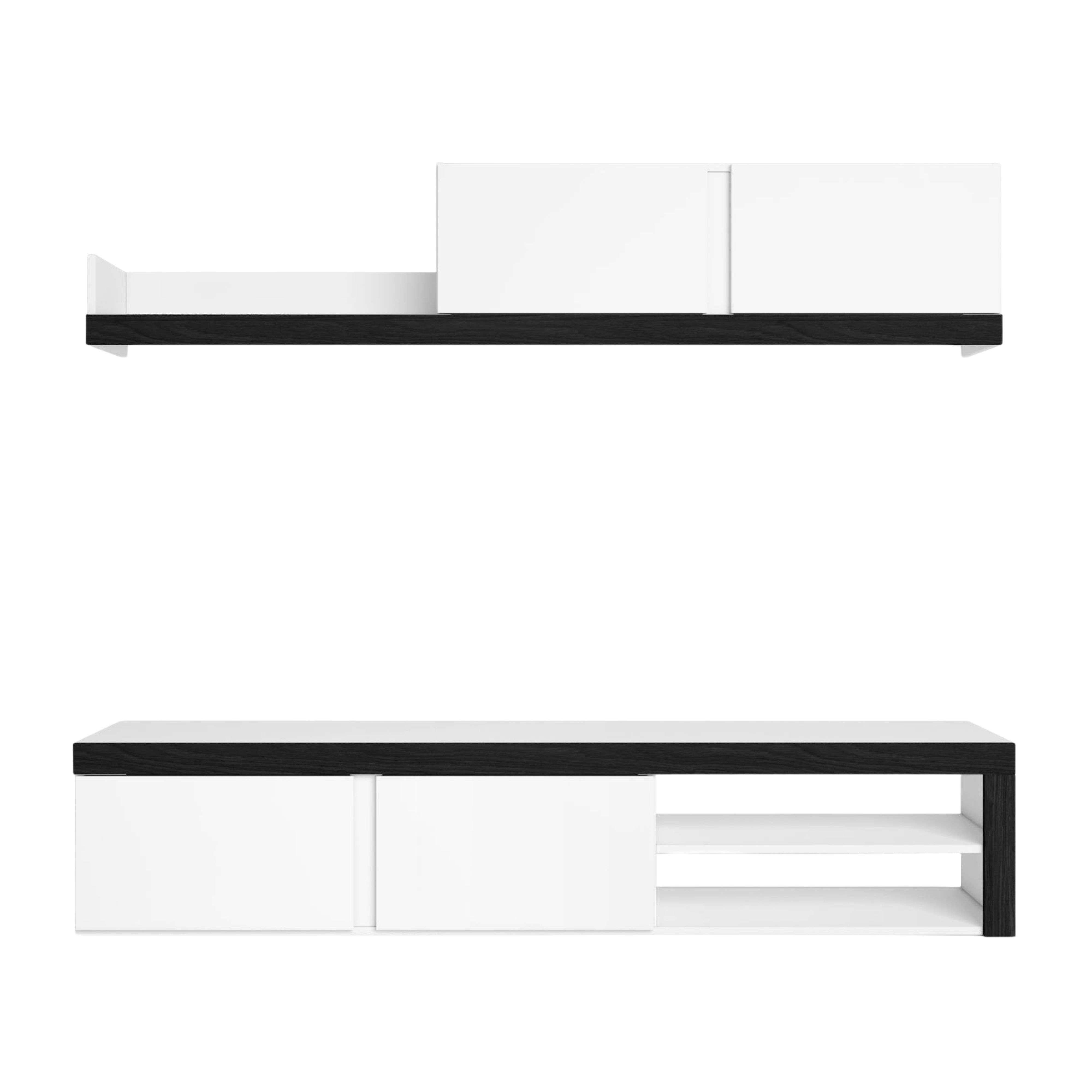 Un estante de pared blanco con borde negro arriba y mueble de TV abajo.