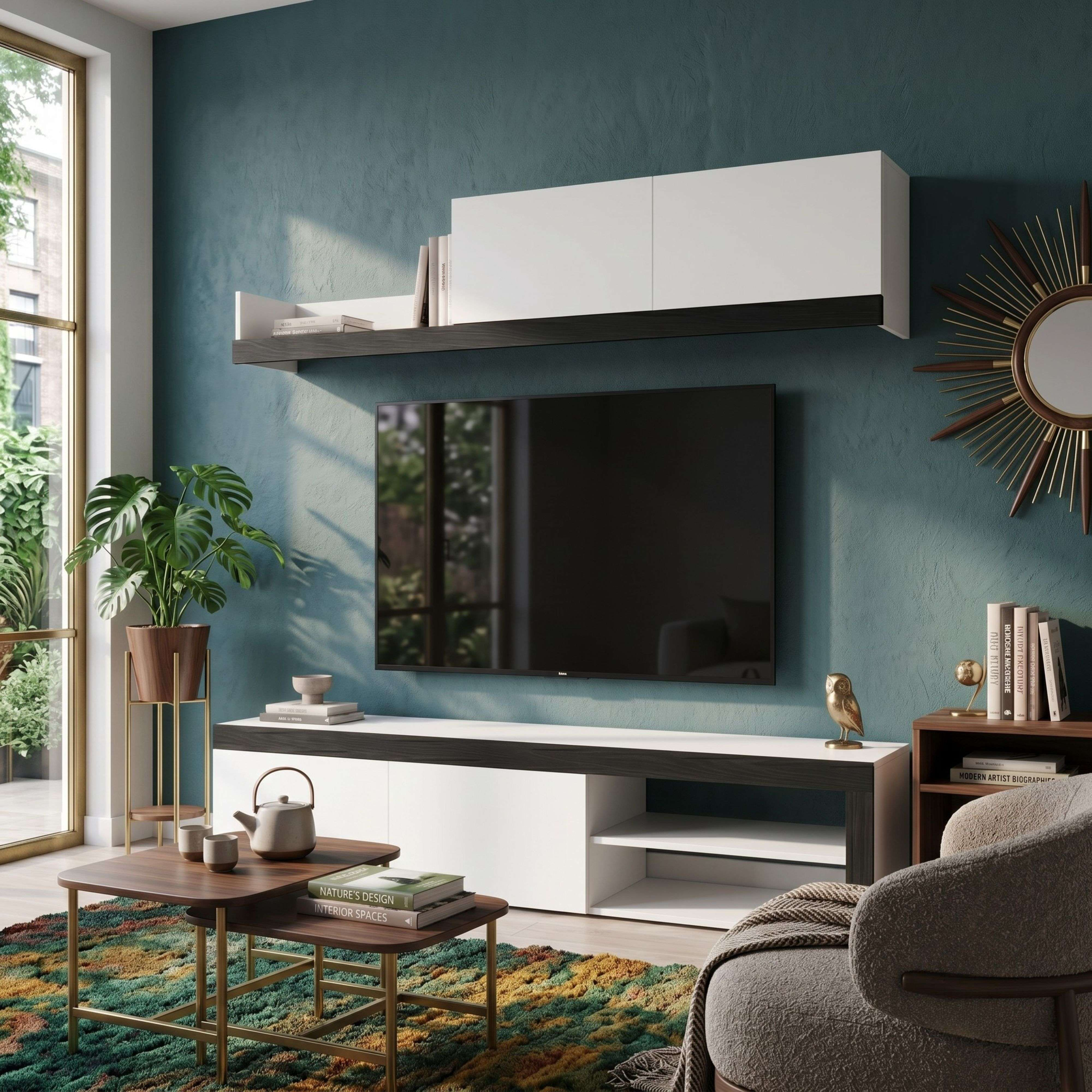 Sala de estar moderna con pared azul verdosa, TV y muebles.
