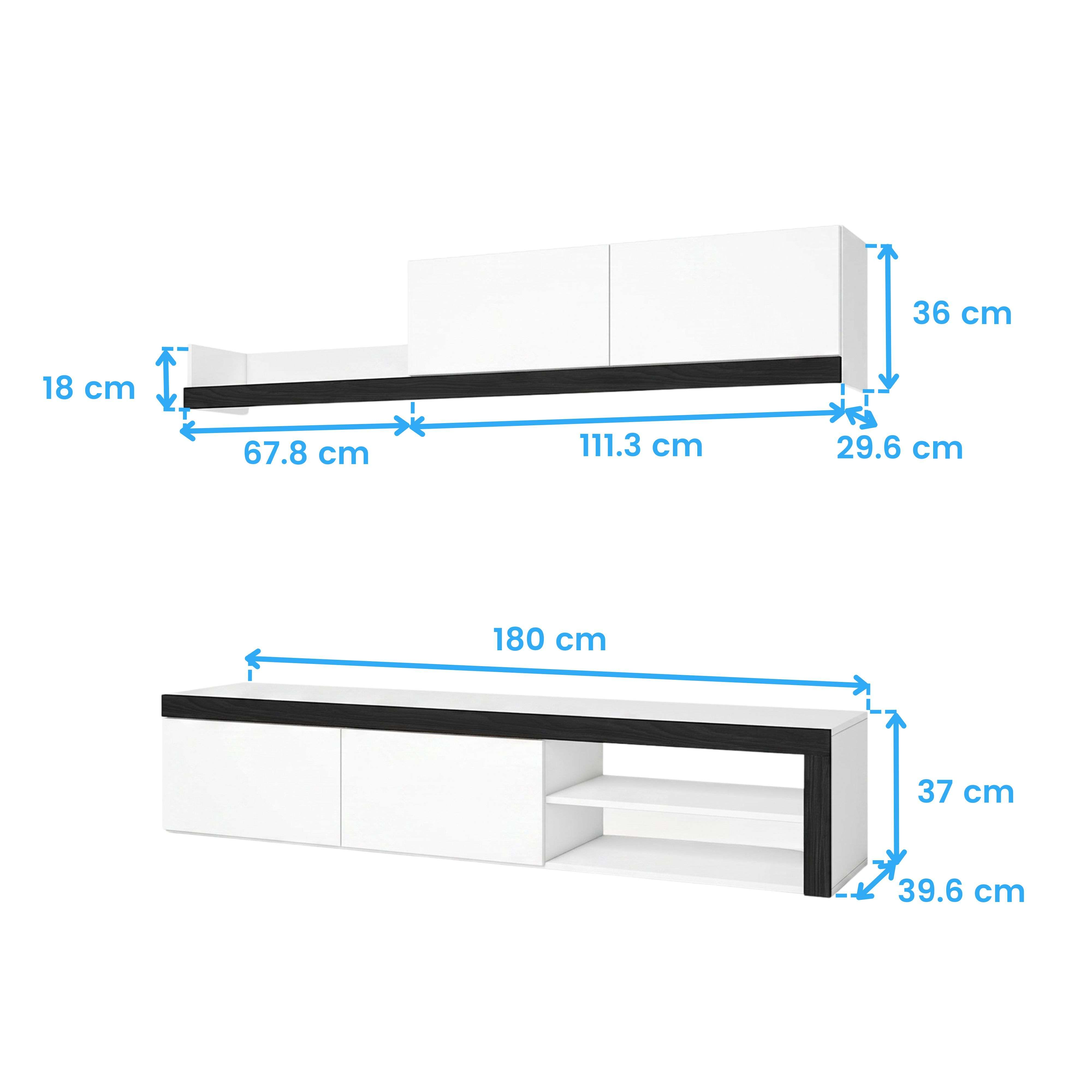 Muebles blancos con detalles negros, se indican las dimensiones.