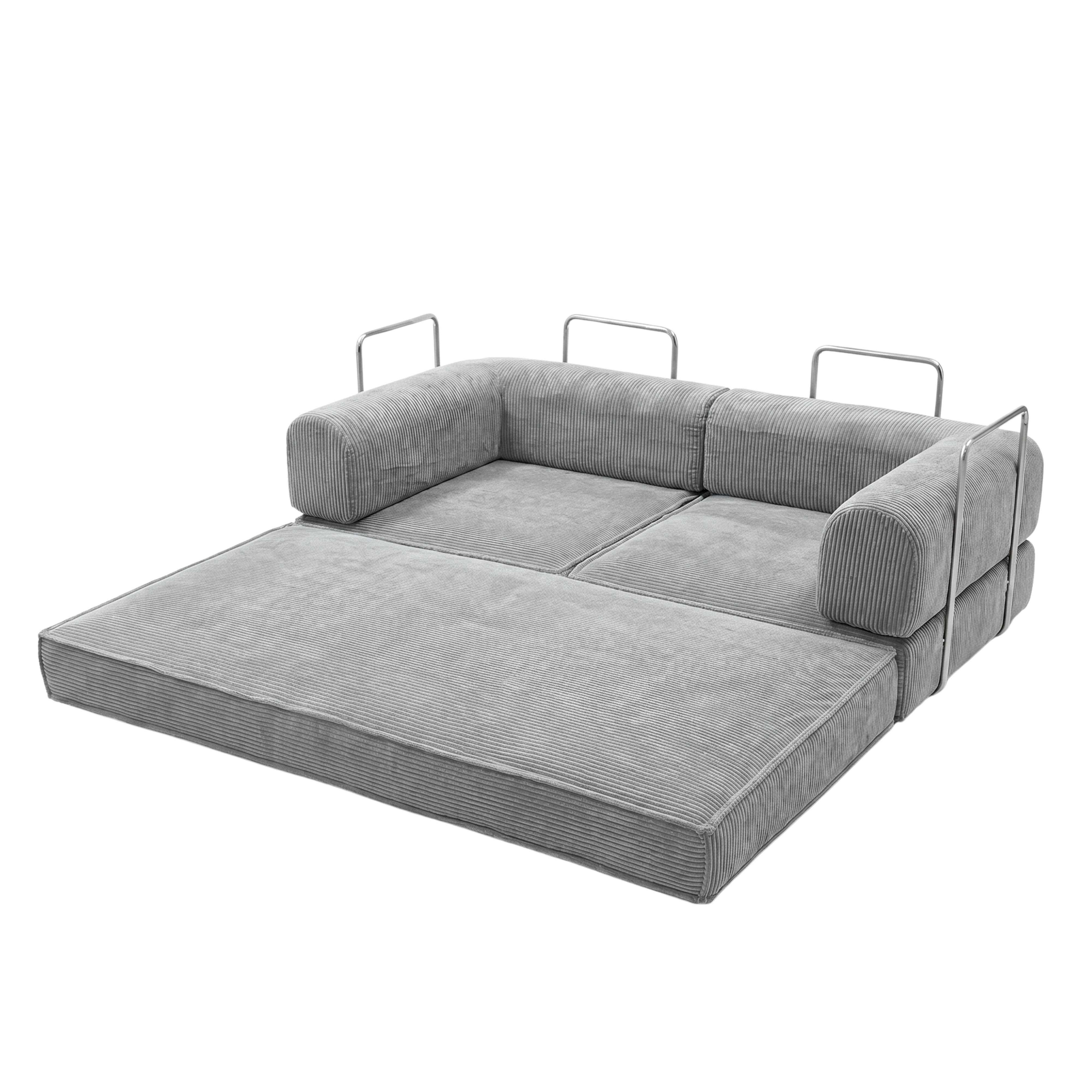 Sofá de pana gris, convertible, con estructura metálica.