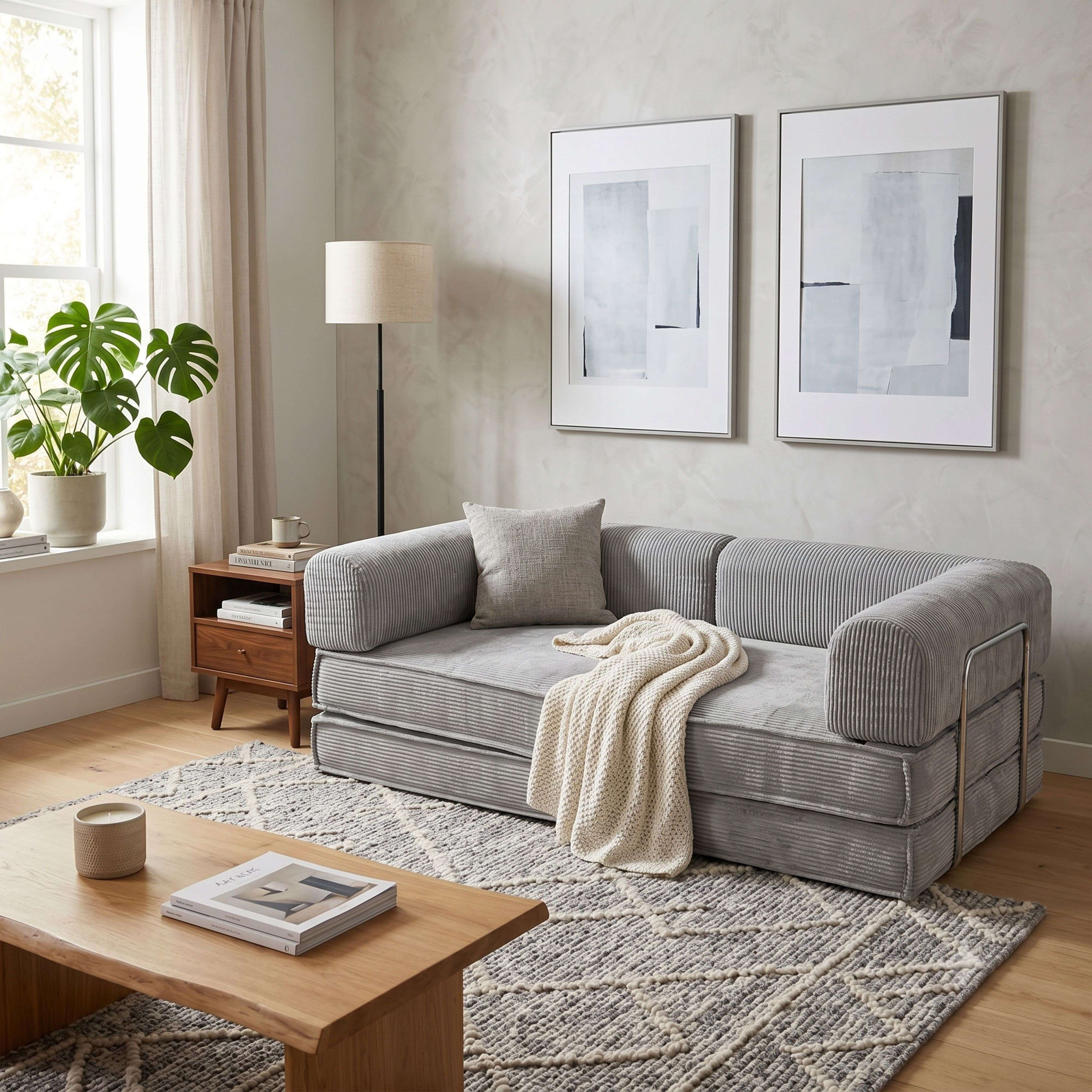 Sofá gris de pana con manta de punto, junto a mesa auxiliar y mesa de centro de madera.