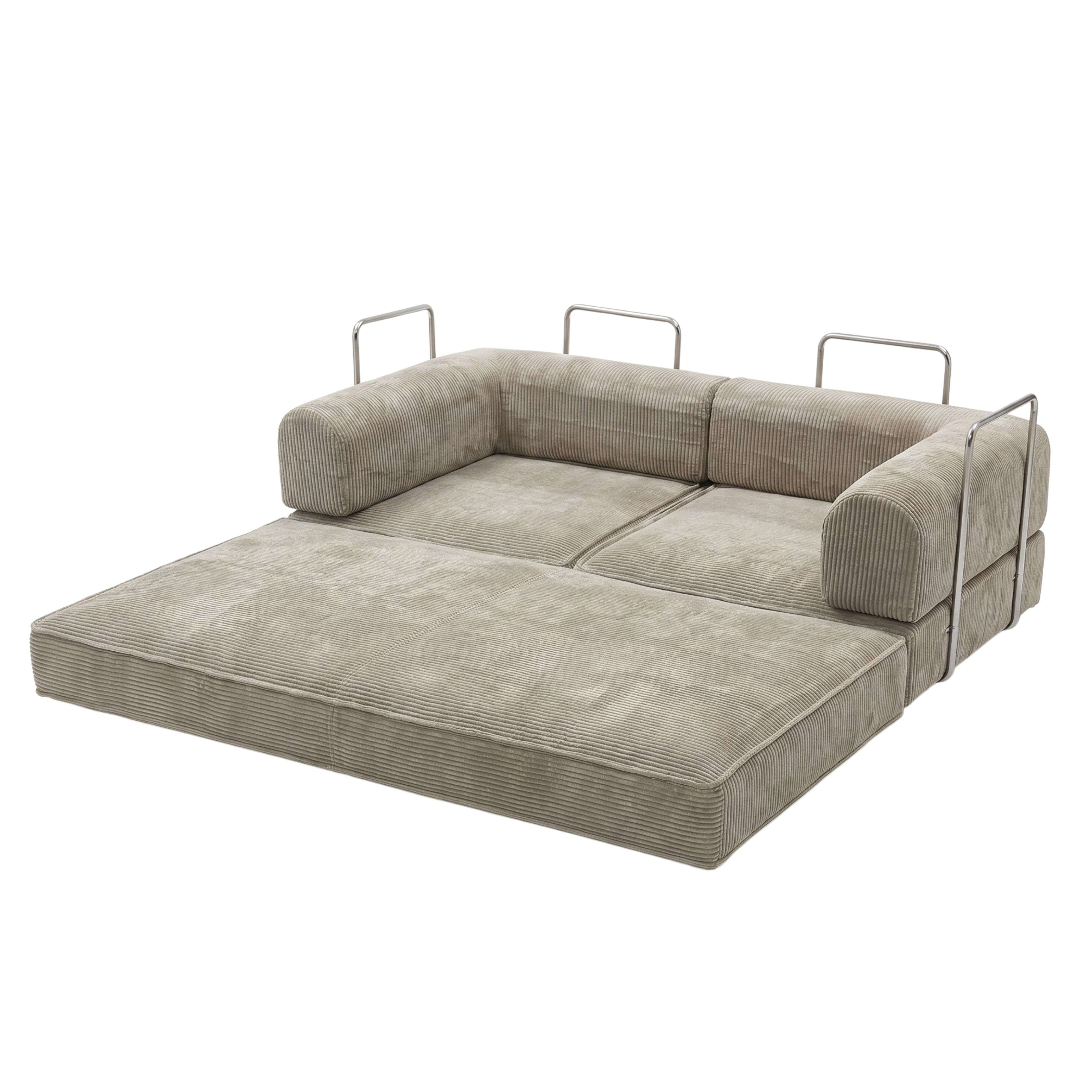 Sofá cama de pana gris con brazos metálicos, sobre fondo blanco.