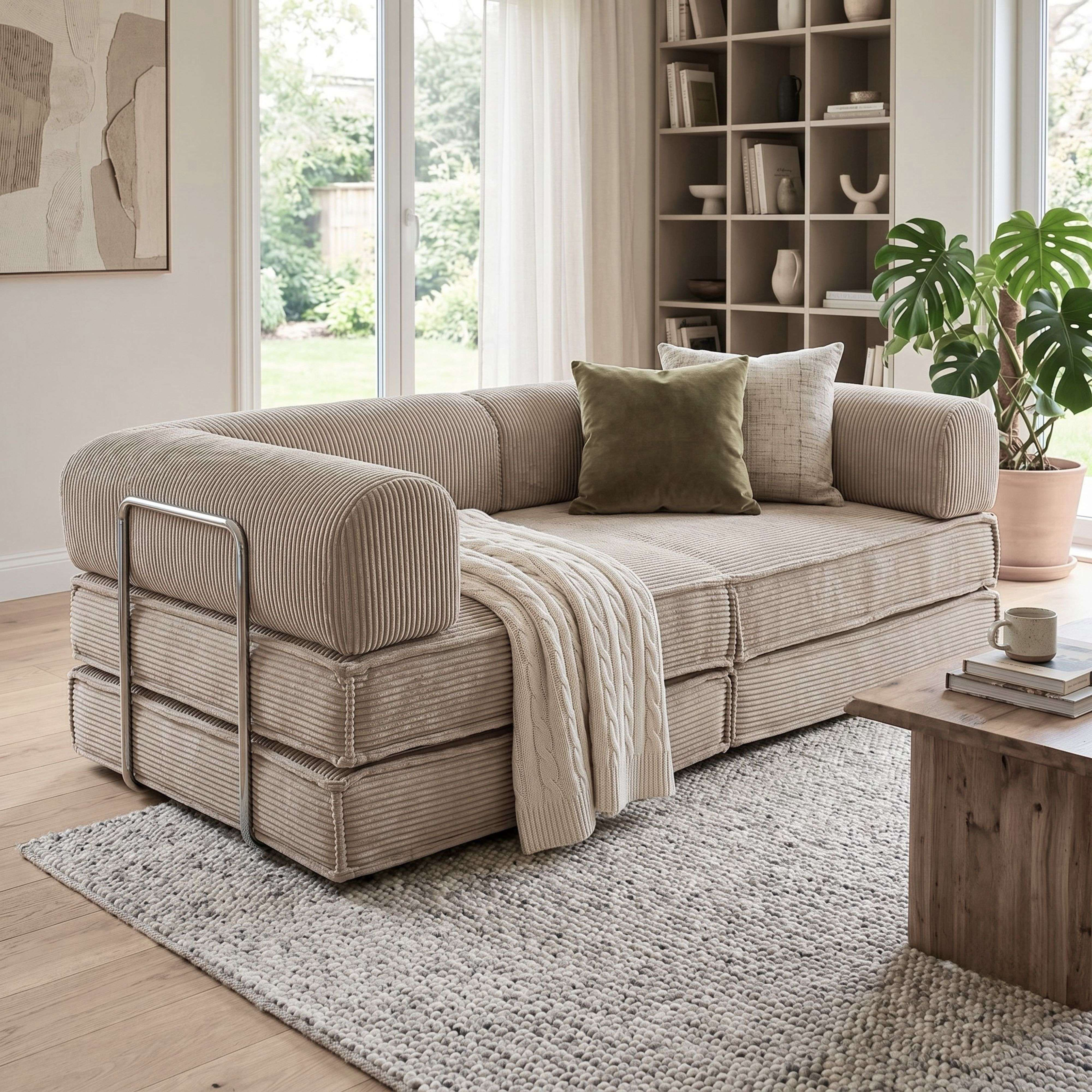 Un sofá de pana beige con cojines y manta, junto a una estantería y ventana.