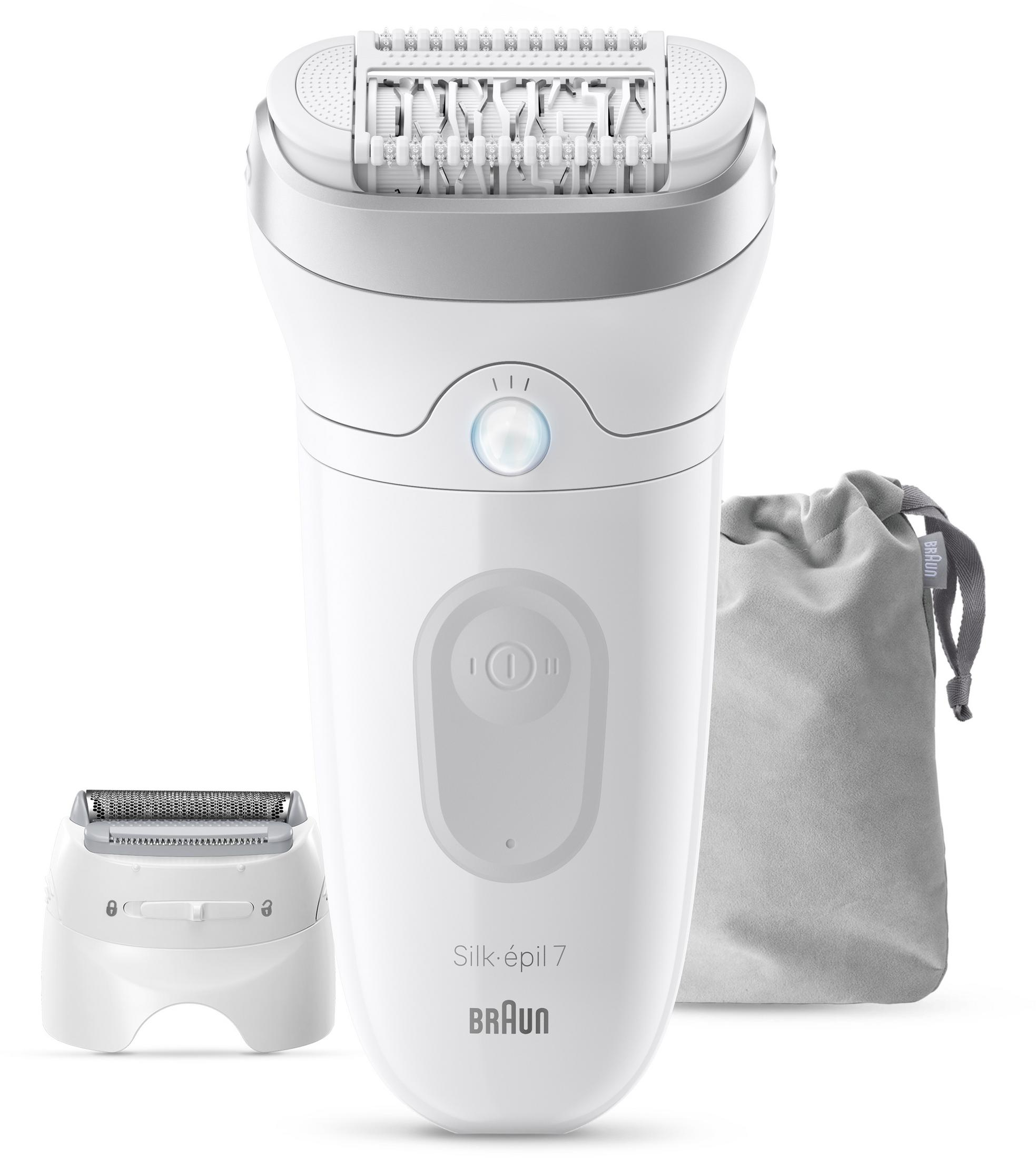Un epilatore Braun bianco con accessorio e sacchetto.